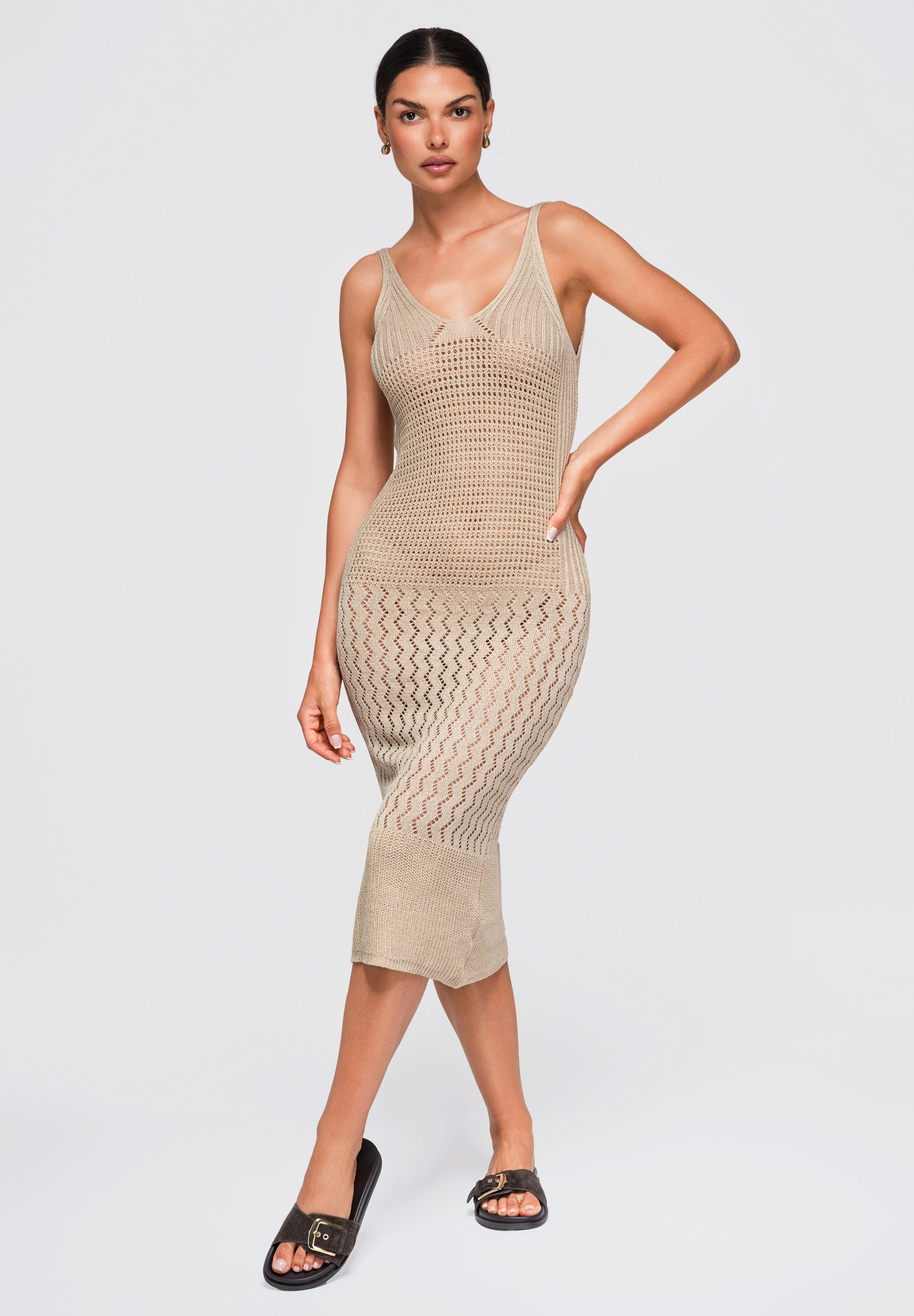 OMBRE Midikleid Damen Midikleid mit V-Ausschnitt und Ajour-Design Beige ONESIZE (kein Set, 1-tlg)