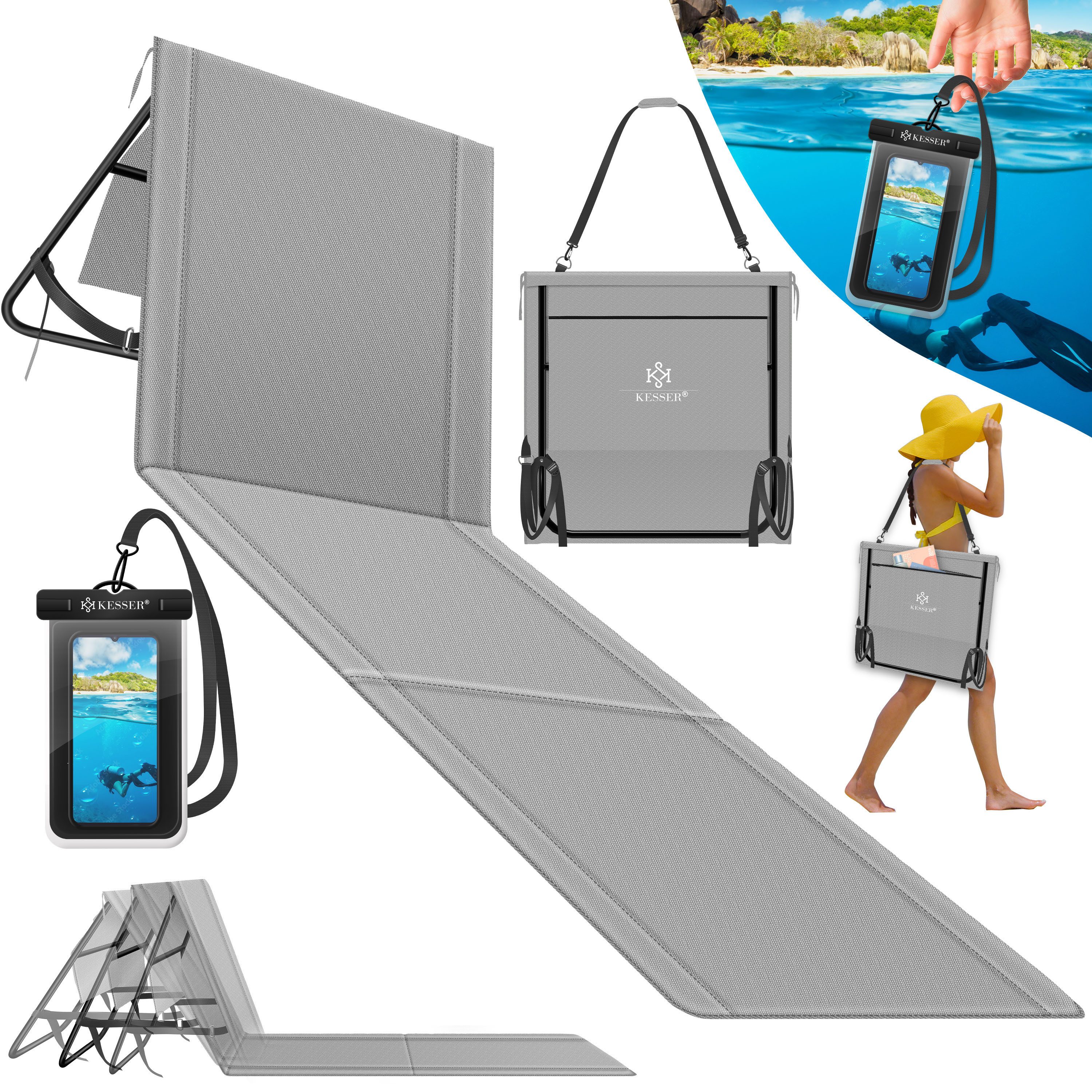 KESSER Gartenliege Strandmatte klappbar mit verstellbarer Rückenlehne max. 130 kg, 1 St., Strandliege mit Tragegurt, wasserdichter Handyhülle & Tragetasche, Sonnenliege faltbar für Strand, Garten & Terrasse Liegematte