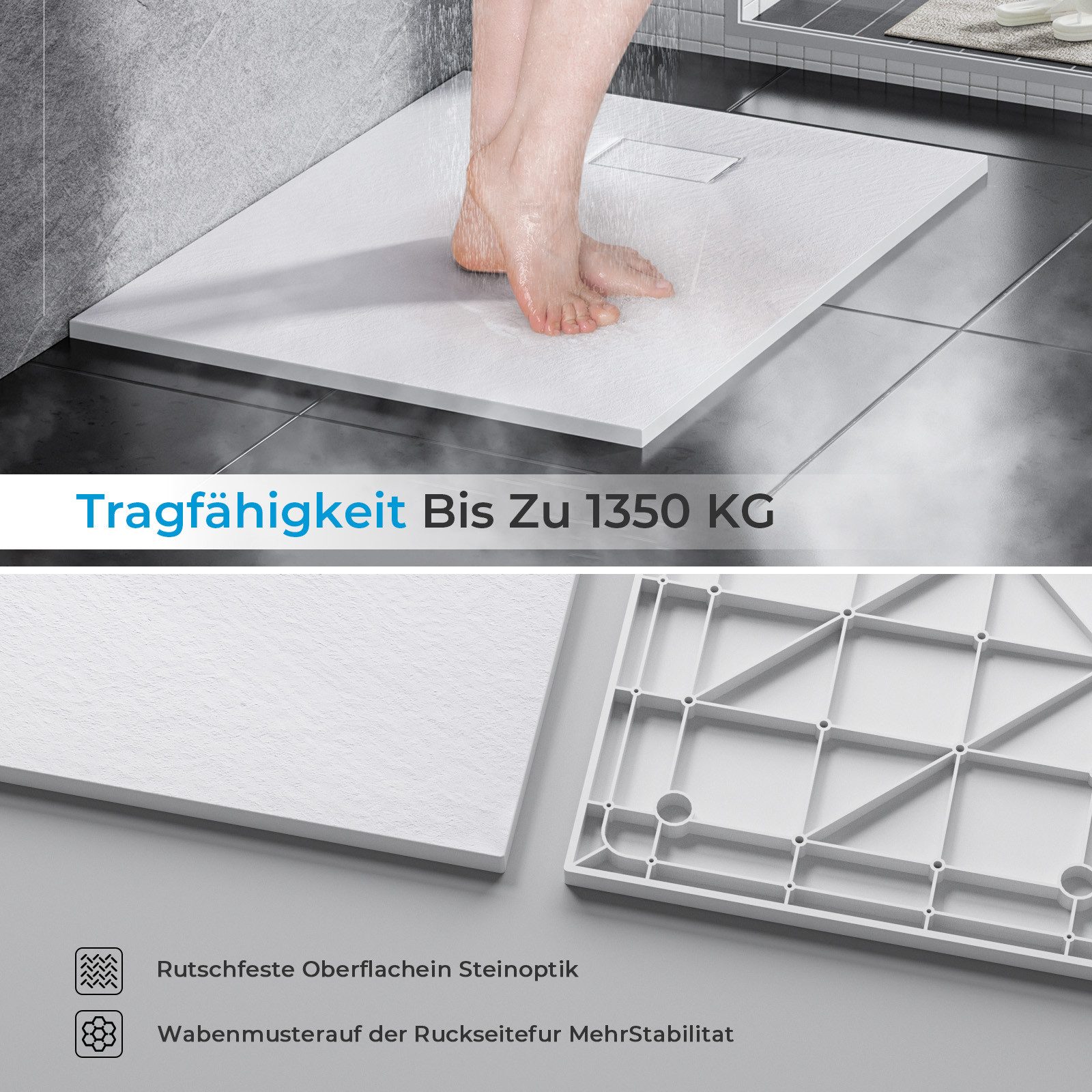 Heilmetz Duschwanne Duschtasse Rutschfestes Design mit Steinoptik Extraflach Brausetasse, Quadratisch, SMC, Schneidbar, Eckduschwanne 90 x 90 cm, 80 x 80 cm – Bild 5 von 5