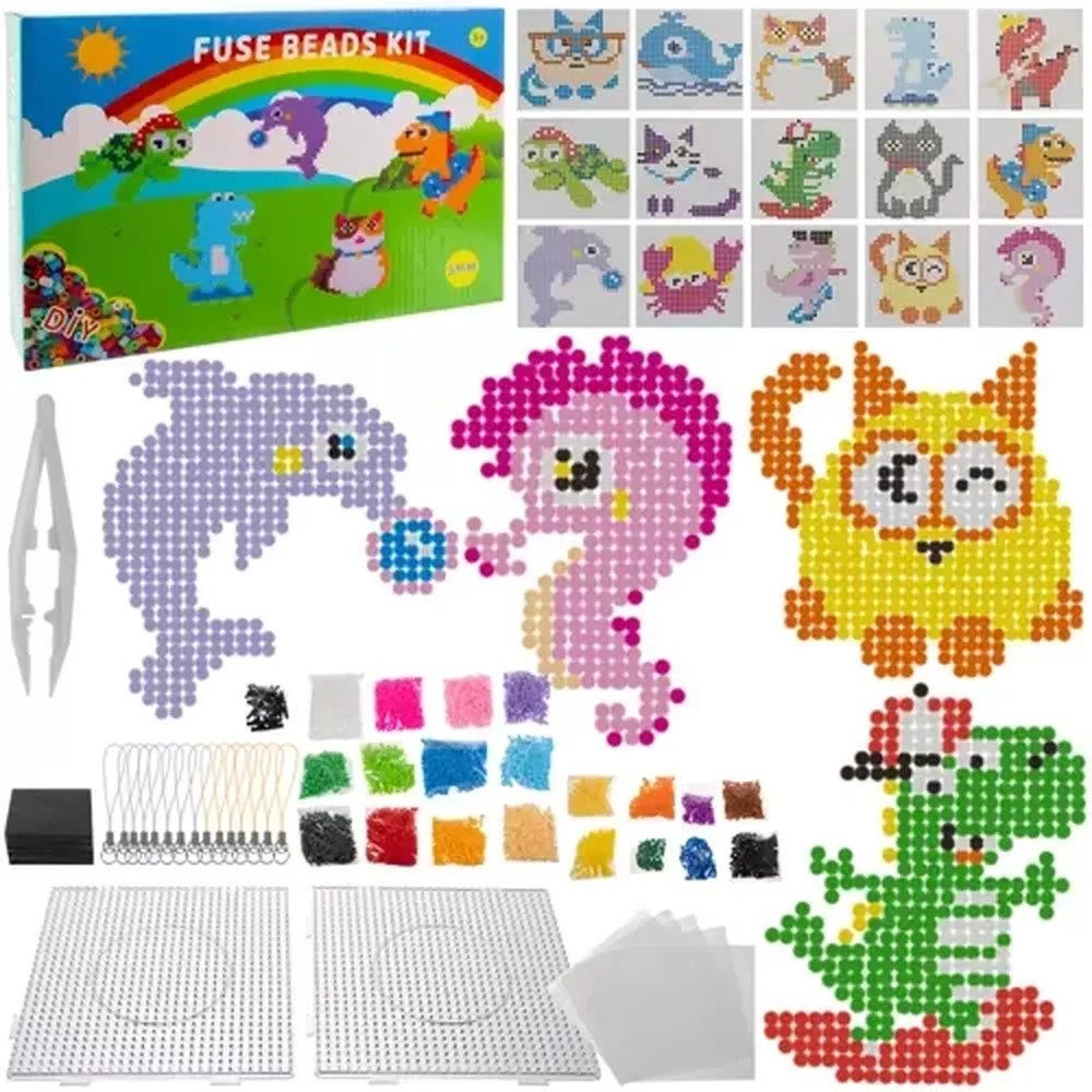 KRUZZEL Bügelperlen Bastelset Bügelperlen XXL, (Spar-Set 6500-tlg), inkl. 2 Бисерpads, 15 Vorlagen, Bügelpapier, Pinzette, Anhänger