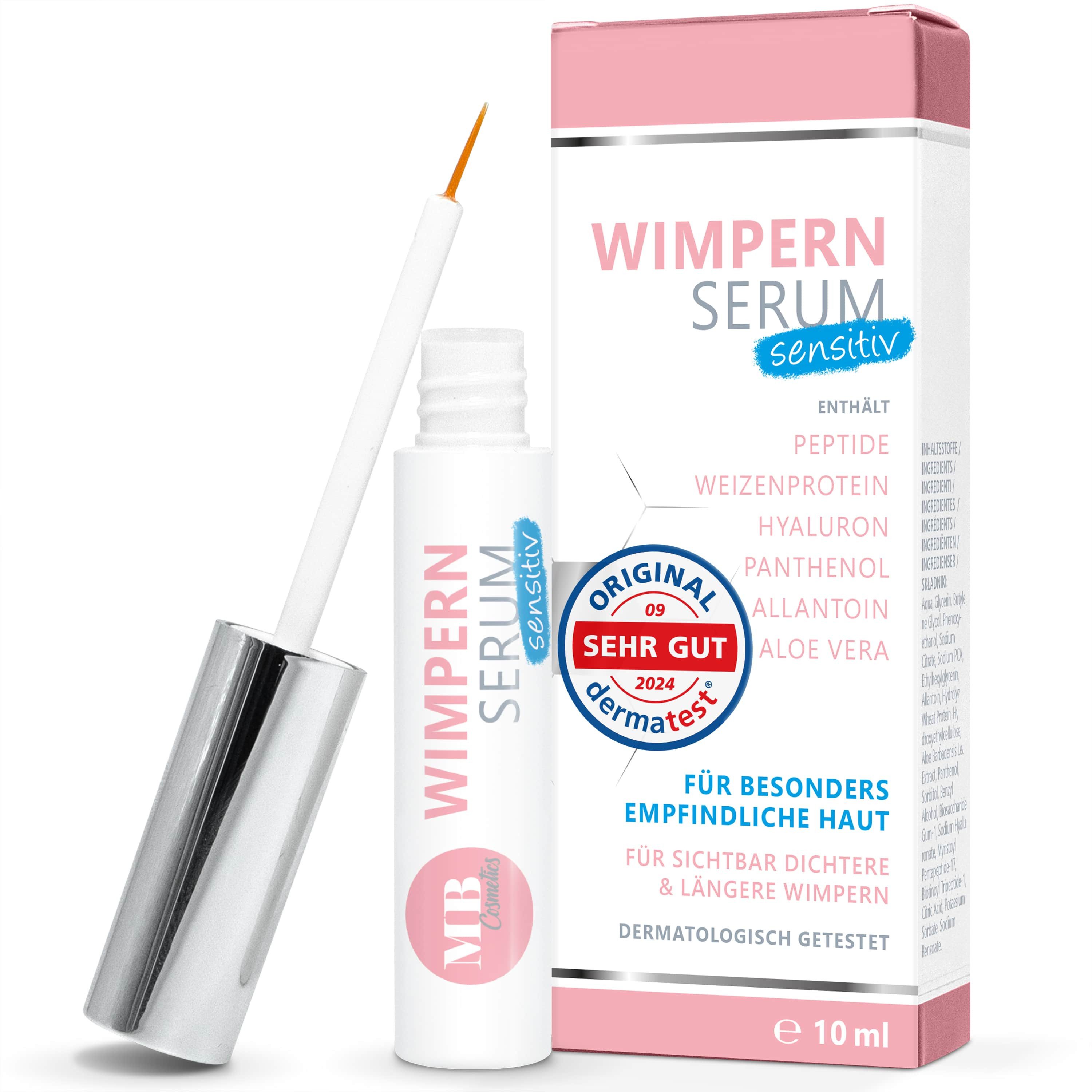 Medical Beauty Cosmetics Wimpernserum Sensitiv Vegan 10 ml - Lash Serum mit Hyaluron, Kollagen und Peptiden, 10ml, Hormonfrei, Vegan, klinisch getestet