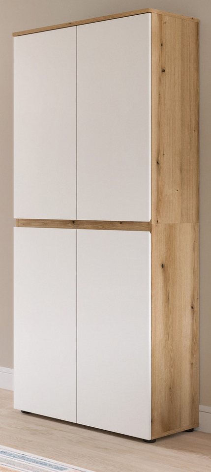 Inn.Furn Mehrzweckschrank Assino (Garderoben- und Schuhschrank in Weiß und Eiche, 4-türig, 70 x 175 cm) variable Inneneinteilung, 7 Böden und Kleiderstange