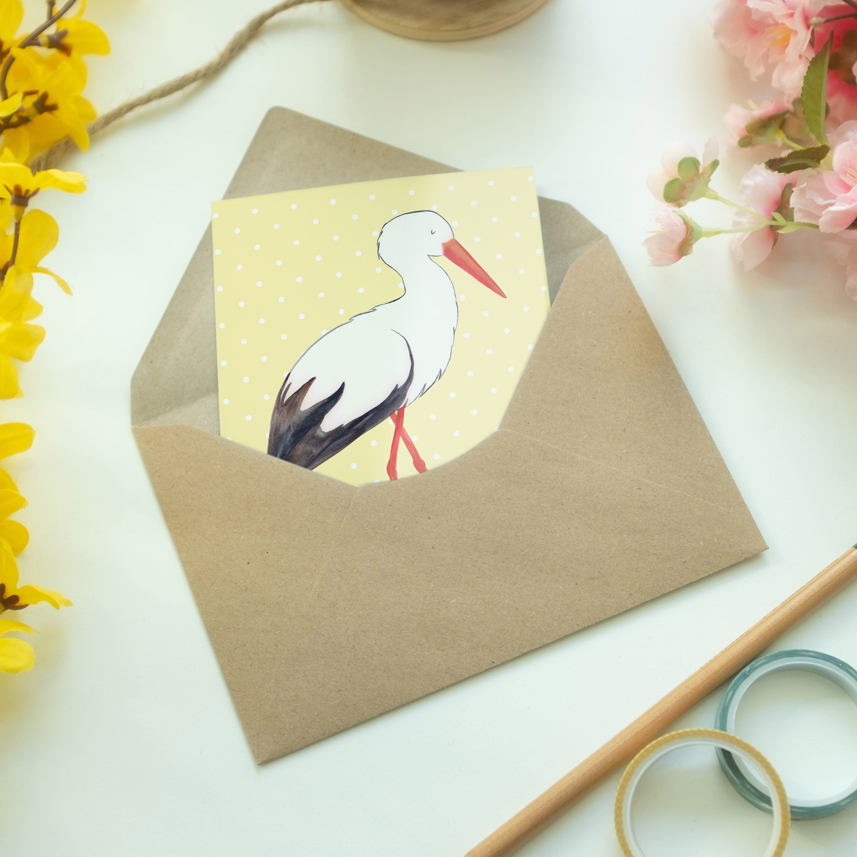 Pastell Karte, Grußkarte Mr. Mutter, Einladungskarte, Geschenk, Kla & - - Mrs. Panda Gelb Storch