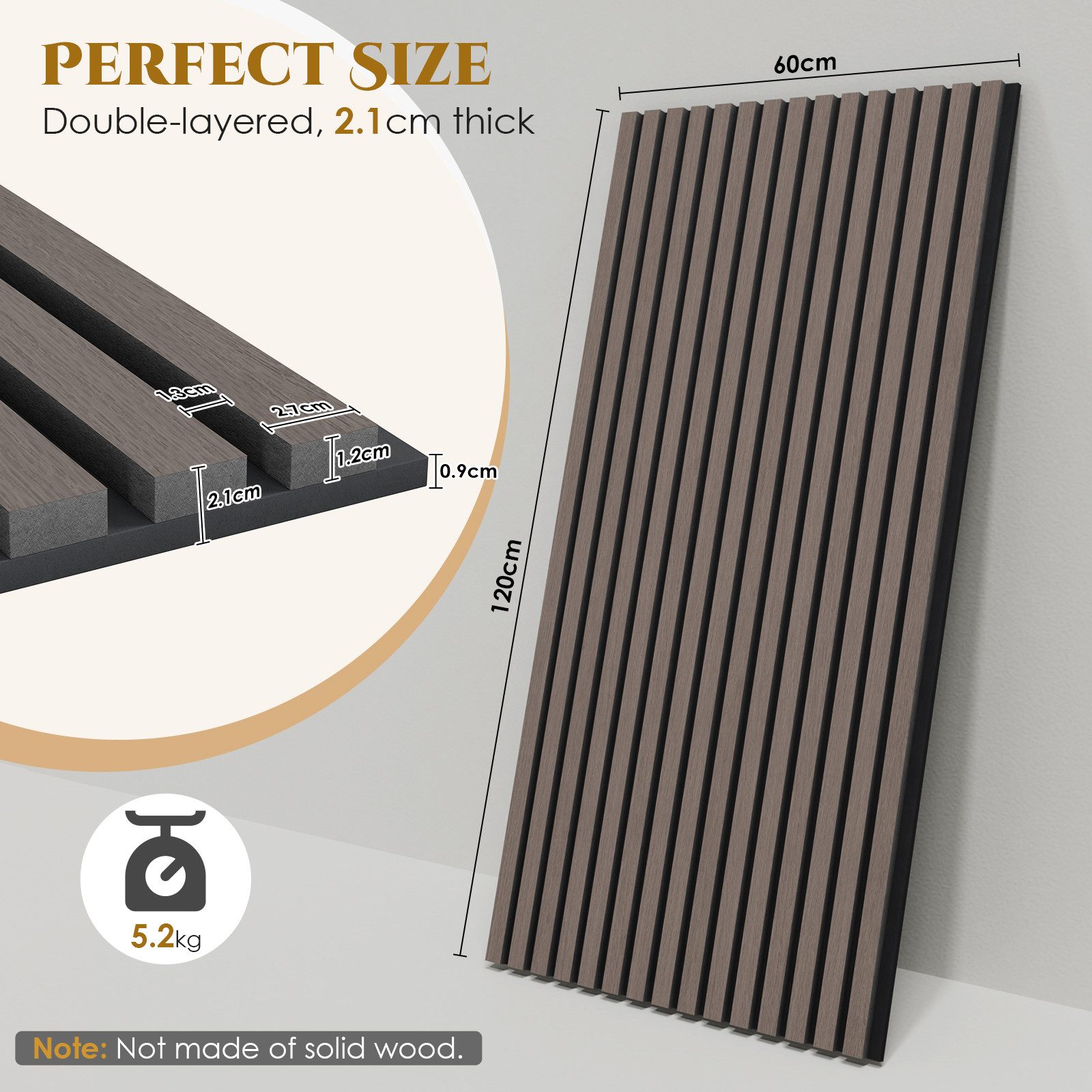 TLGREEN Wandpaneel 3D Akustikpaneele Holz MDF Schalldämpfung, BxL: 60x120 cm, 2,88 qm, (4 Stück Wandpaneele Holzoptik, Wandverkleidung Wandpaneele für effektiven Schallschutz) für Wohnzimmer, Büro, Garderobe, Eiche, Graubraun