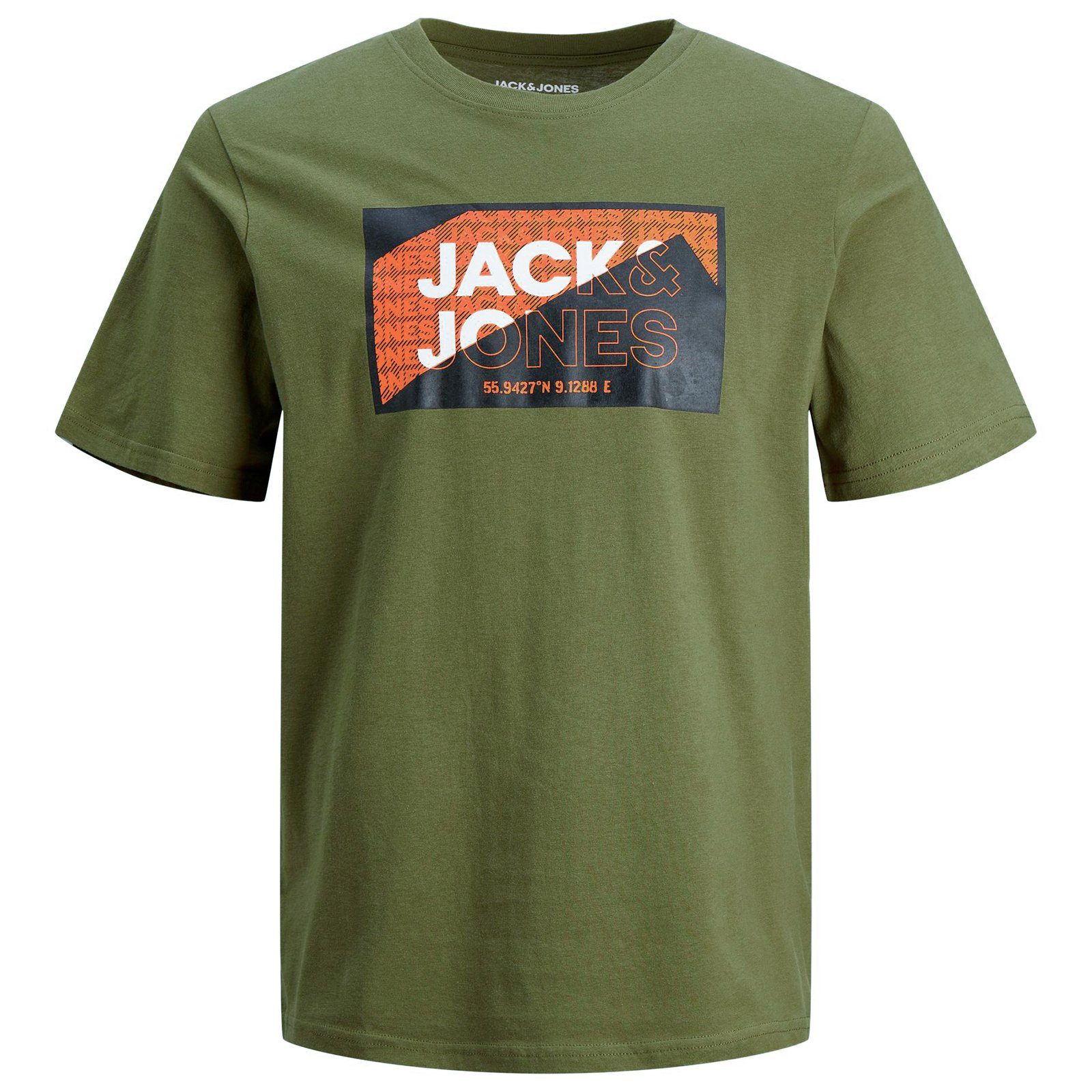 Jones grafisch Größen Labelprint Große T-Shirt Rundhalsshirt Jack Jack&Jones Herren oliv &