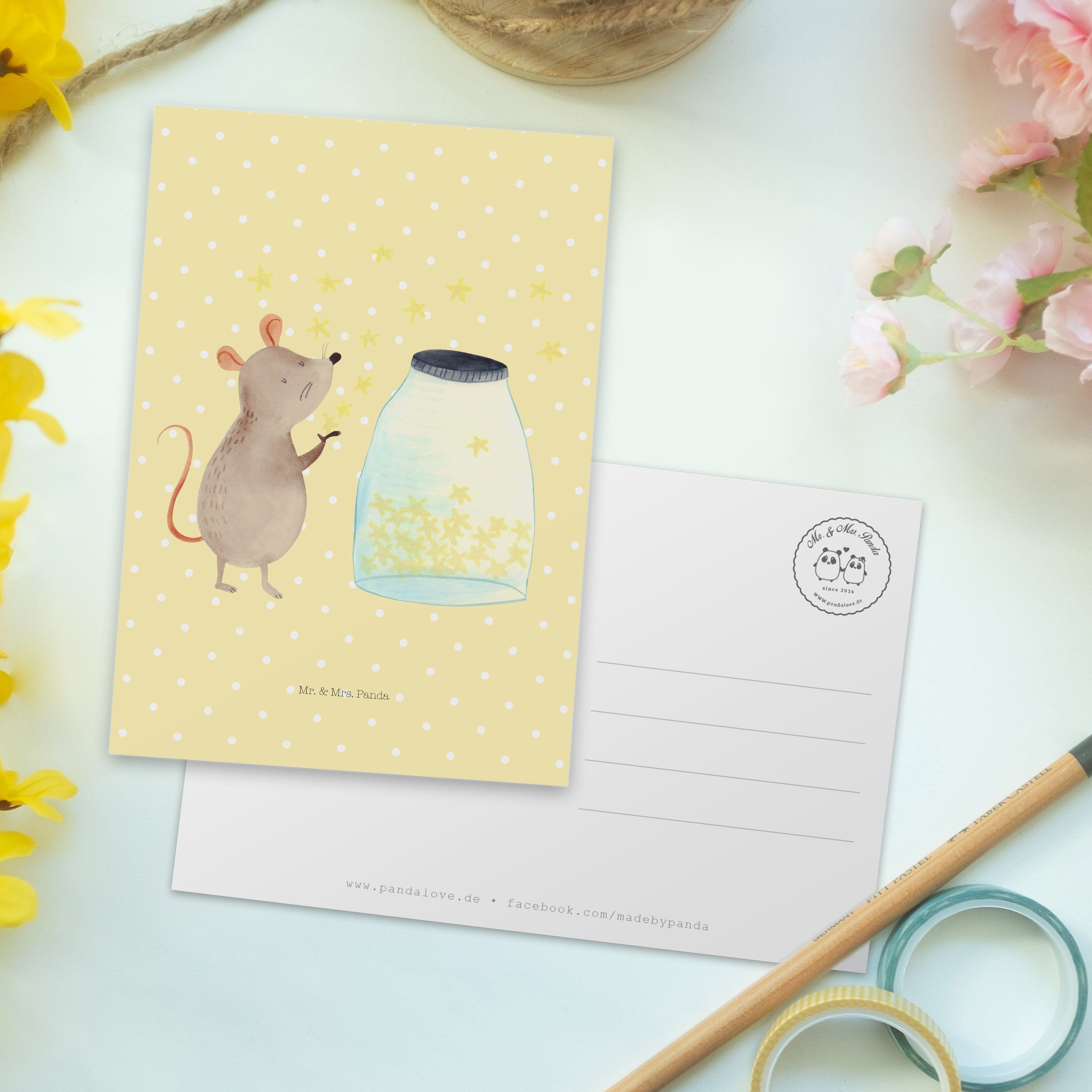 Tiere, Pastell Einladung, Geschenk, - - Postkarte Mr. Dank & Gelb Panda Mrs. Maus Sterne Wunsch,