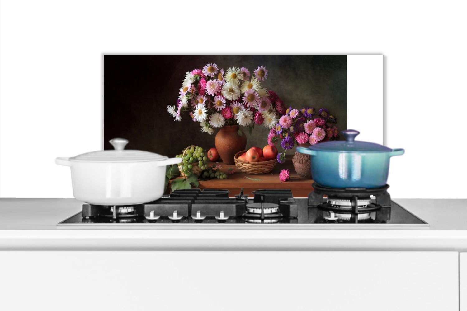 Fett - für Stilleben gegen und - Rosa, Küchenrückwand Blumen (1-tlg), - Obst cm, MuchoWow 60x30 Küchen Wandschutz, Schmutzflecken