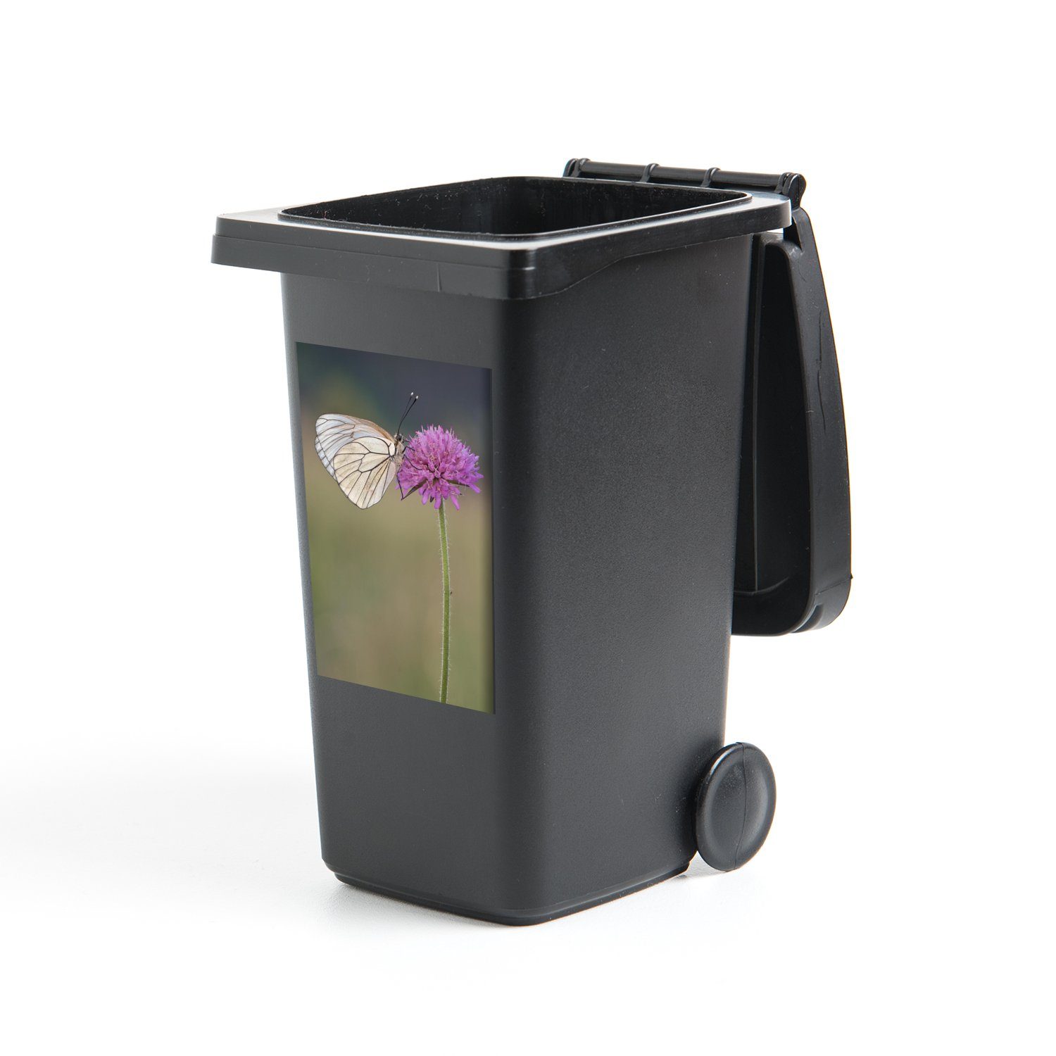 Schwarzgeäderter Container, (1 Sticker, Wandsticker Schmetterling Mülltonne, Mülleimer-aufkleber, Abfalbehälter MuchoWow auf weißer einer Distel St),