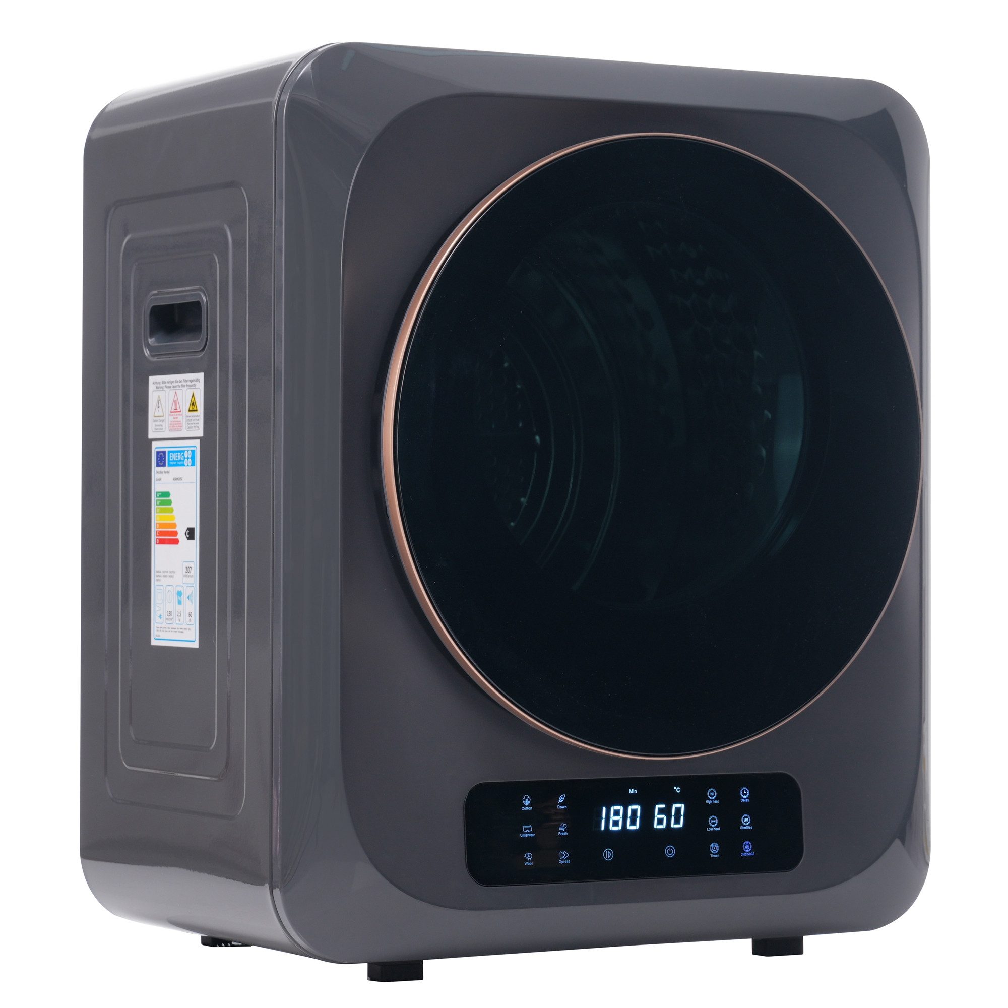 Rolipo Ablufttrockner ASMN205, Kompakter Wäschetrockner 3 kg, bis 4 kg, 850 W, 6 Programme, UV, Wandmontage, LED-Anzeige, für Singles/Studentenwohnheim