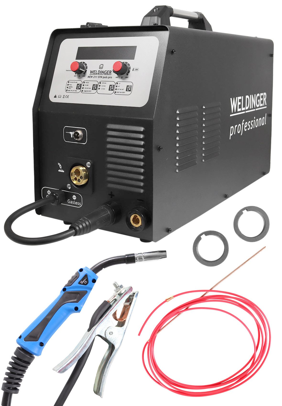 WELDINGER Schutzgasschweißgerät Synergischer Schweißinverter MEW 211 SYN puls pro 4-Rollenantrieb Puls, 20 - 200 A, 22-tlg., Vierollenantrieb