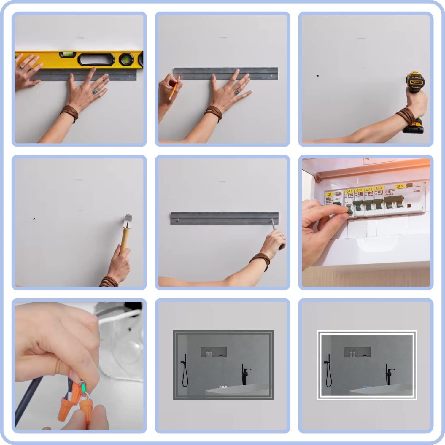 AQUABATOS LED-Lichtspiegel Led Spiegel mit Beleuchtung Badspiegel Badzimmerspiegel Wandspiegel, Digital Uhr Kosmetikspiegel Beschlagfrei Kaltweiß Rechteckige Ecken