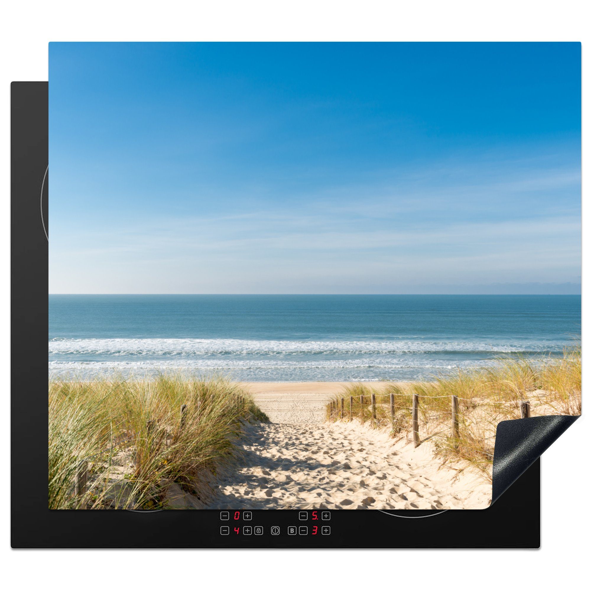 MuchoWow Herdblende-/Abdeckplatte Strand - Meer - Düne - Sand - Sommer, Vinyl, (1 tlg), 58x51 cm, Küchen Dekoration für Induktionsherd, Induktionskochfeld