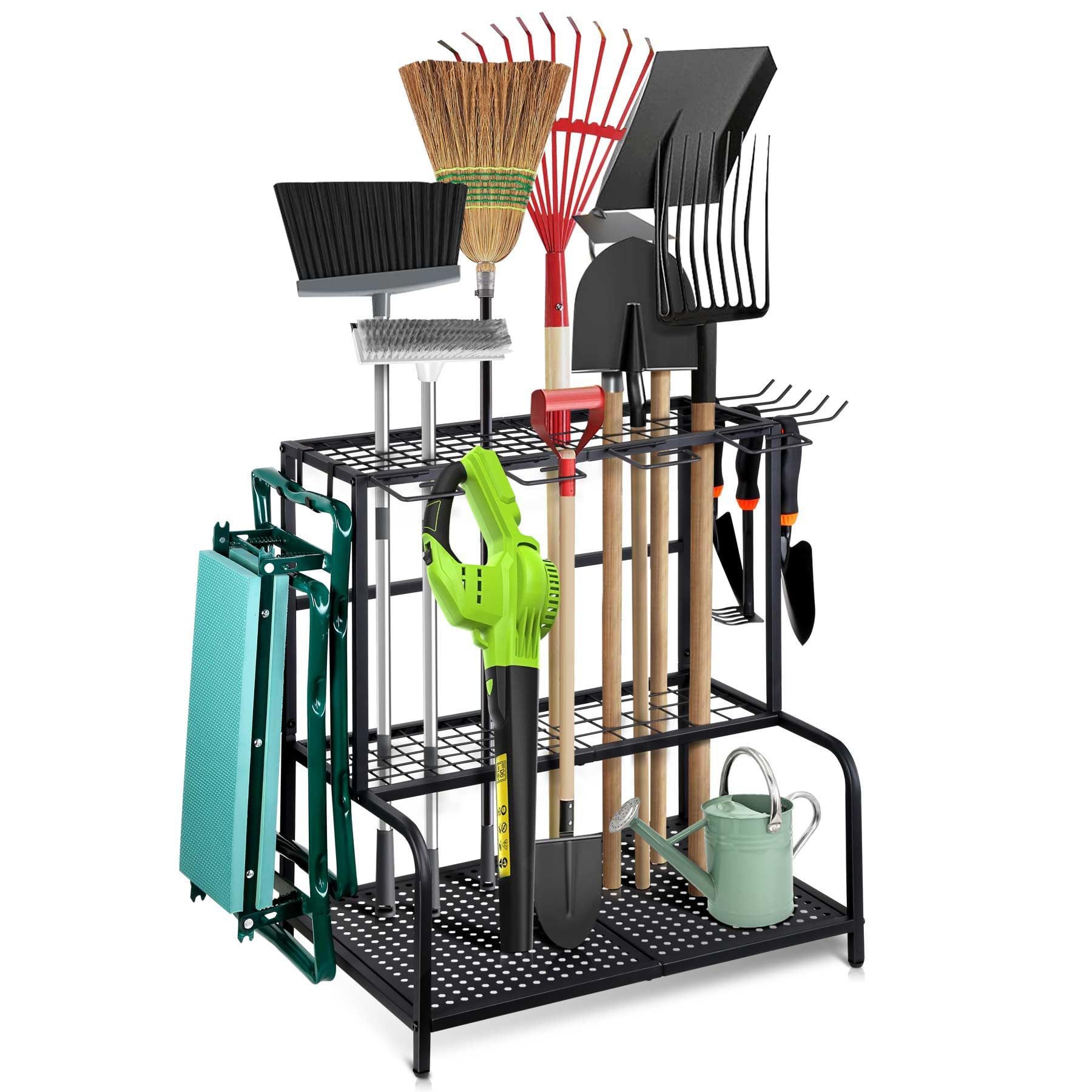 ibettertec Gartengerätehalter Metall Gartengerätehalter Werkzeugregal mit 11 Haken 74×41×66cm, (für Garage, Garten & Keller, mit 3 Ebenen,platzsparend,stabil, rostfrei,hohe Tragkraft)