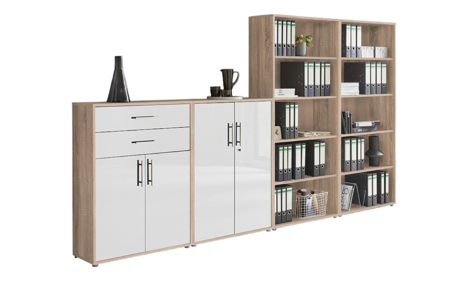 BMG Möbel Aktenschrank Office Edition (Schrankwand Set 21, 1x Schubladenschrank, 1x Aktenschrank, 2x Regal) 337,6 cm Breit, Metallbeschläge, Made in Germany