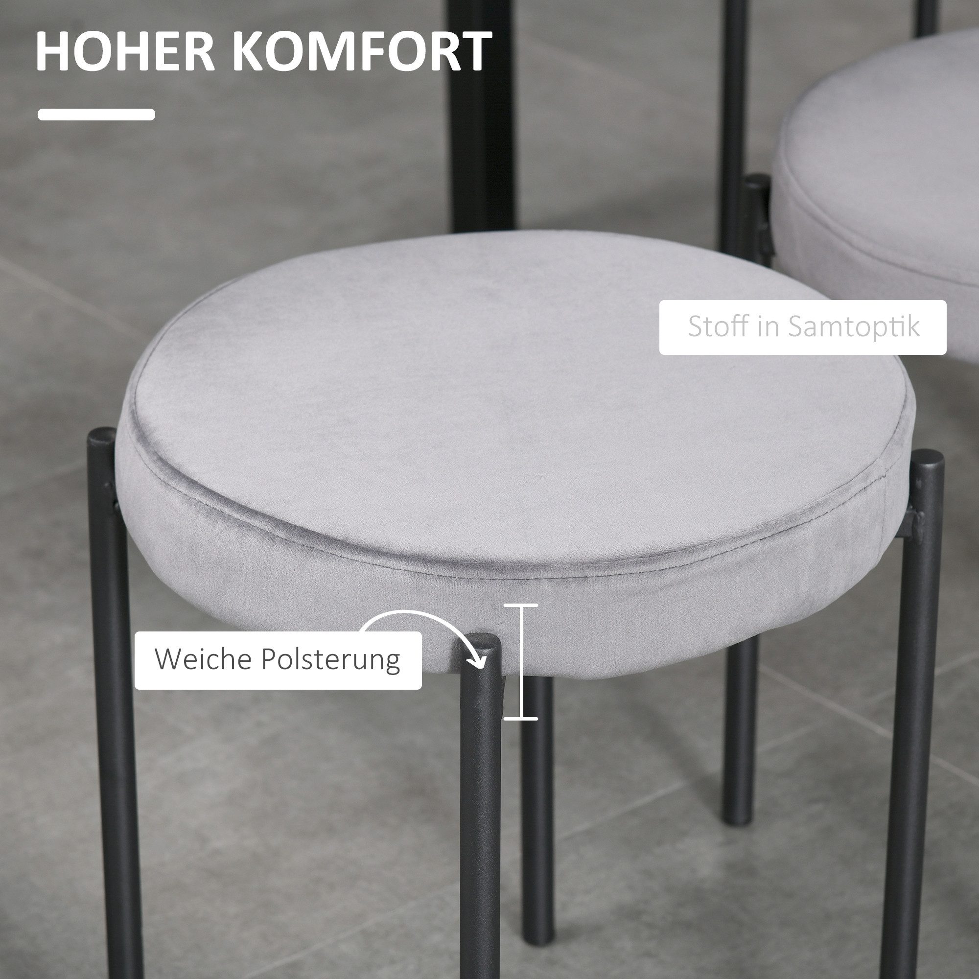 HOMCOM Esszimmerstuhl Stapelhocker Polsterhocker aus Metall Wohnzimmer (Rundhocker, 4 St), für Küche Esszimmer Samt Dunkelgrau 41,5 x 41,5 x 46 cm – Bild 5 von 5