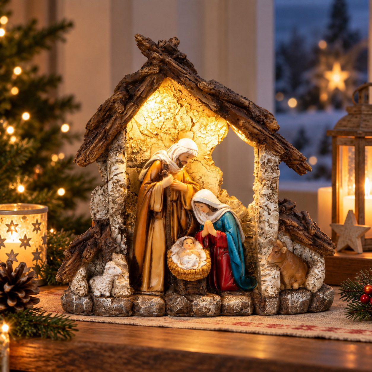MF Krippenfigur Krippenhaus Heilige Familie mit LED Beleuchtung 23 cm (1 St)