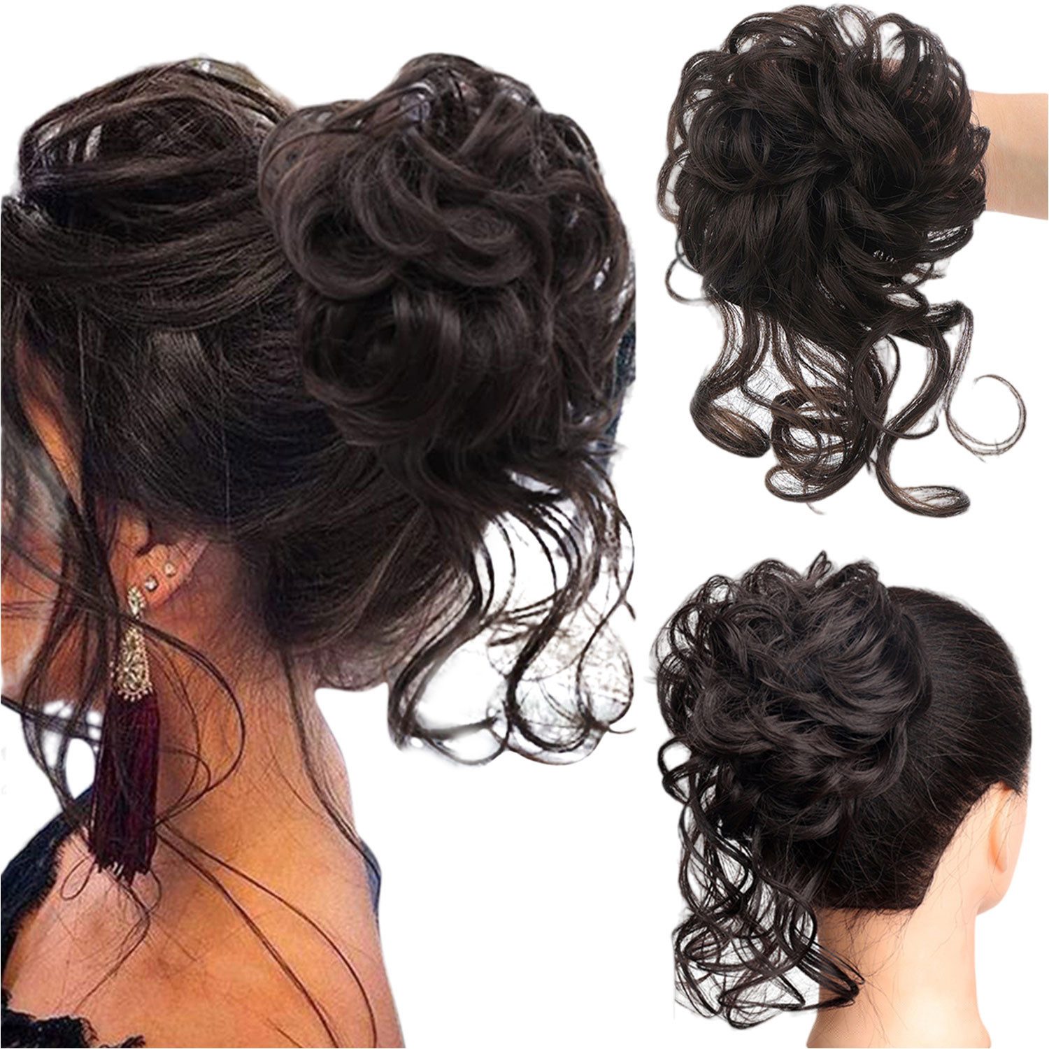 Refttenw Kunsthaar-Extension Dutt Haarteil Mit Gummiband Haarteile für Dünnes Haar, Schwarzbraun