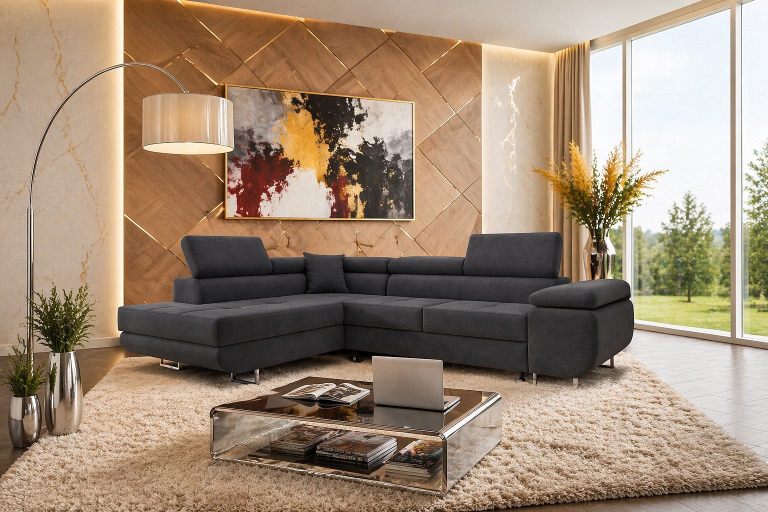 M-Punkt24 Ecksofa DUBAI, Samtstoff, Ottomane rechts oder links, Kopfteilverstellung, Bettkasten