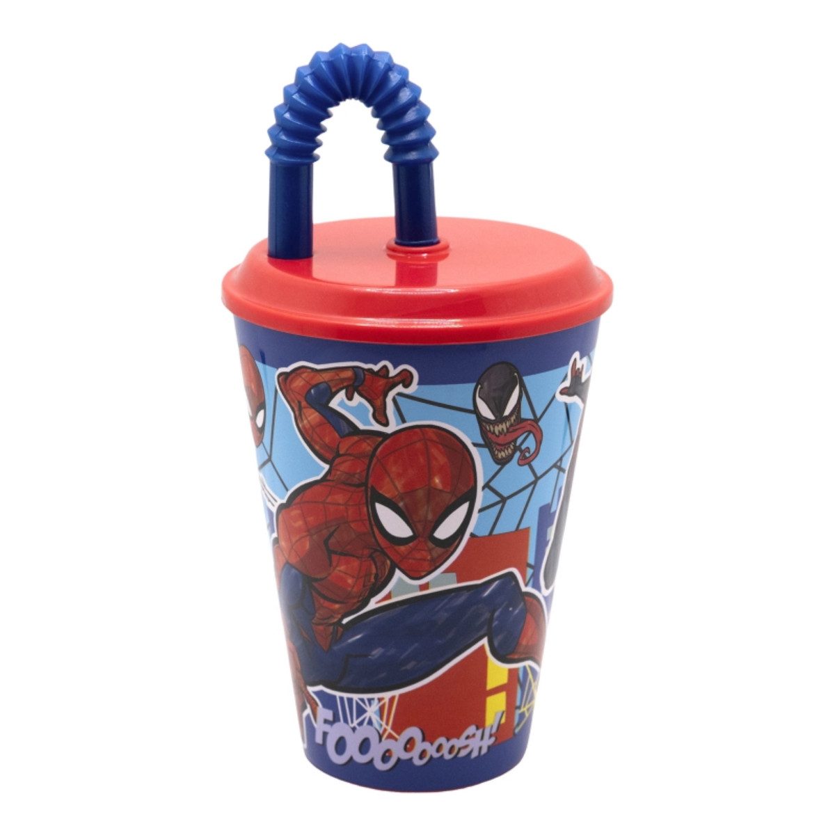 MARVEL Becher Spiderman Trinkbecher 430 ml mit Deckel und Strohhalm, Polyethylen