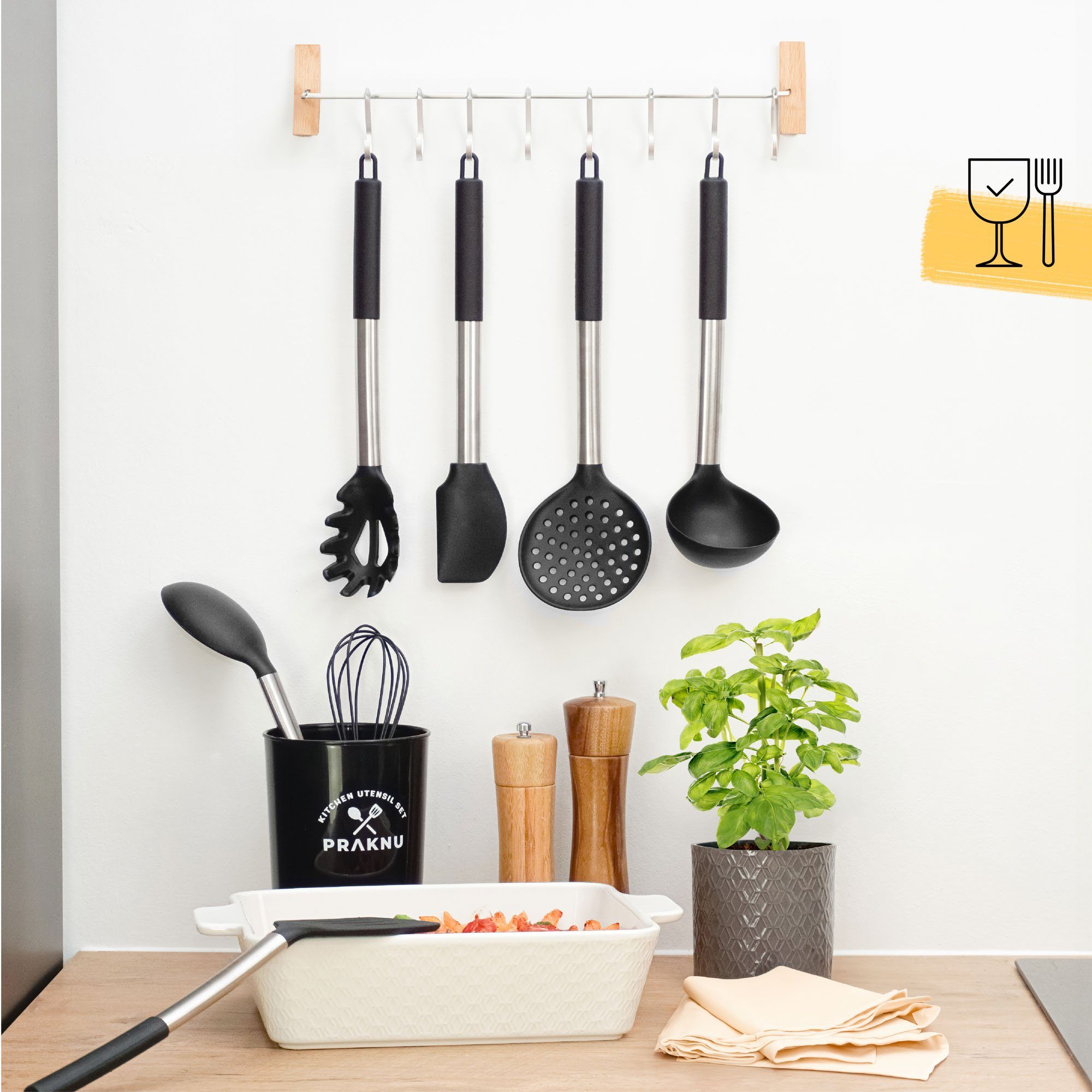 Praknu Kochbesteck-Set Küchenutensilien 8er Set Edelstahl mit Silikon Griff (Set, 8-tlg), Küchen Accessoires Zubehör Haushalt Set & Halterung / Aufhängeschlaufe