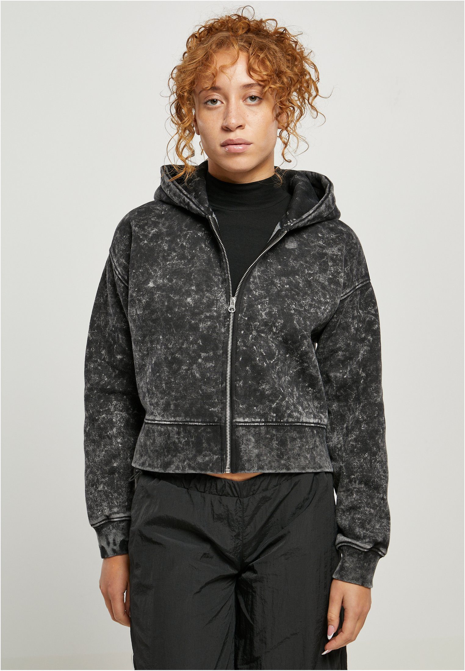 Sweatjacke (1-tlg) Short Ladies Washed black Oversized Damen URBAN CLASSICS Zip Hoody Towel