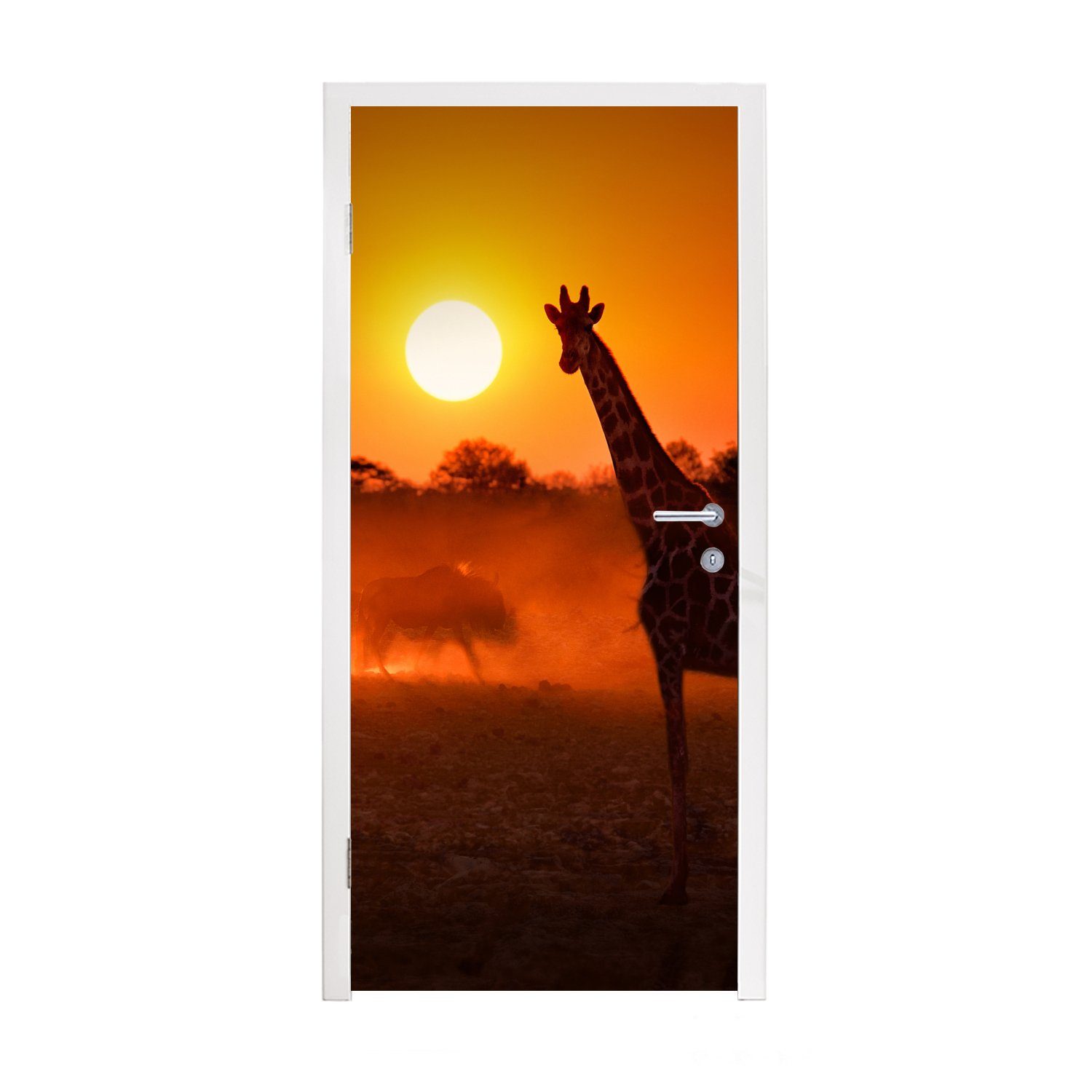 MuchoWow Türtapete Giraffe - Sonne - Savanne, Matt, bedruckt, (1 St), Fototapete für Tür, Türaufkleber, 75x205 cm | Türtapeten