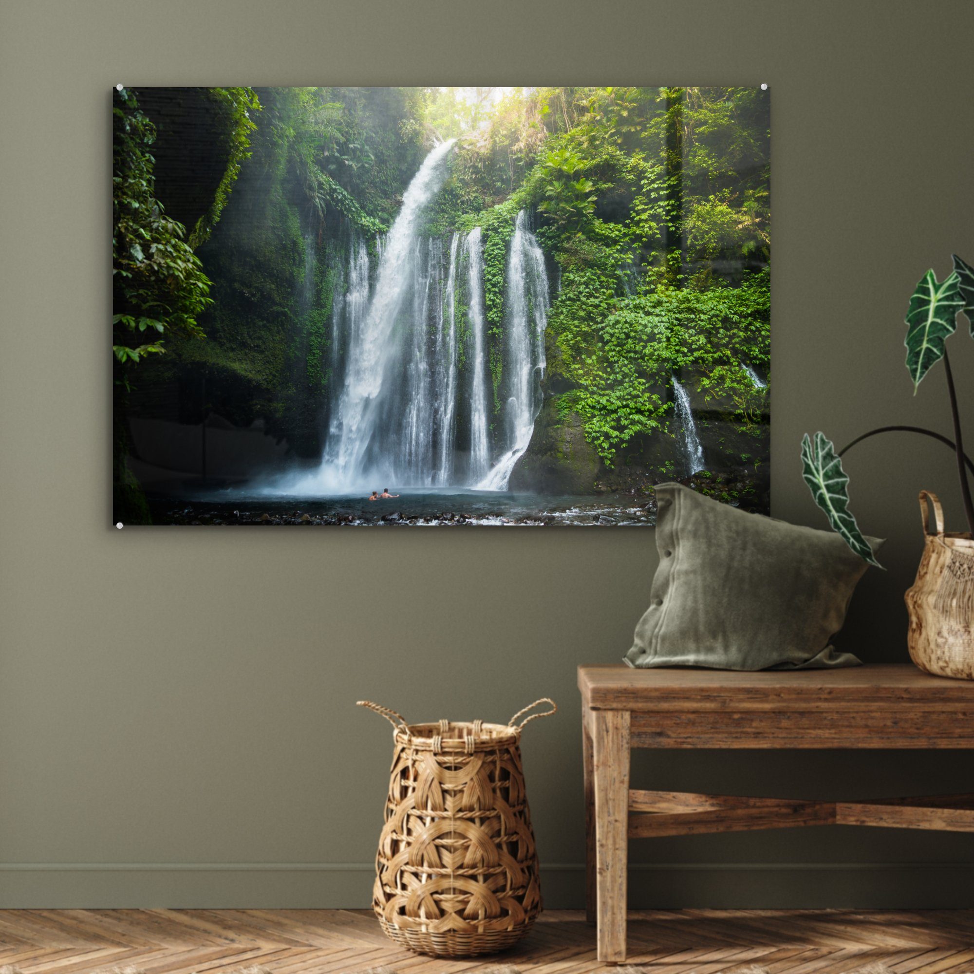 Rinjani Nationalparks St), & auf Dschungel Schlafzimmer im Acrylglasbild (1 Gunung MuchoWow Wasserfall des Wohnzimmer Lombok, Acrylglasbilder