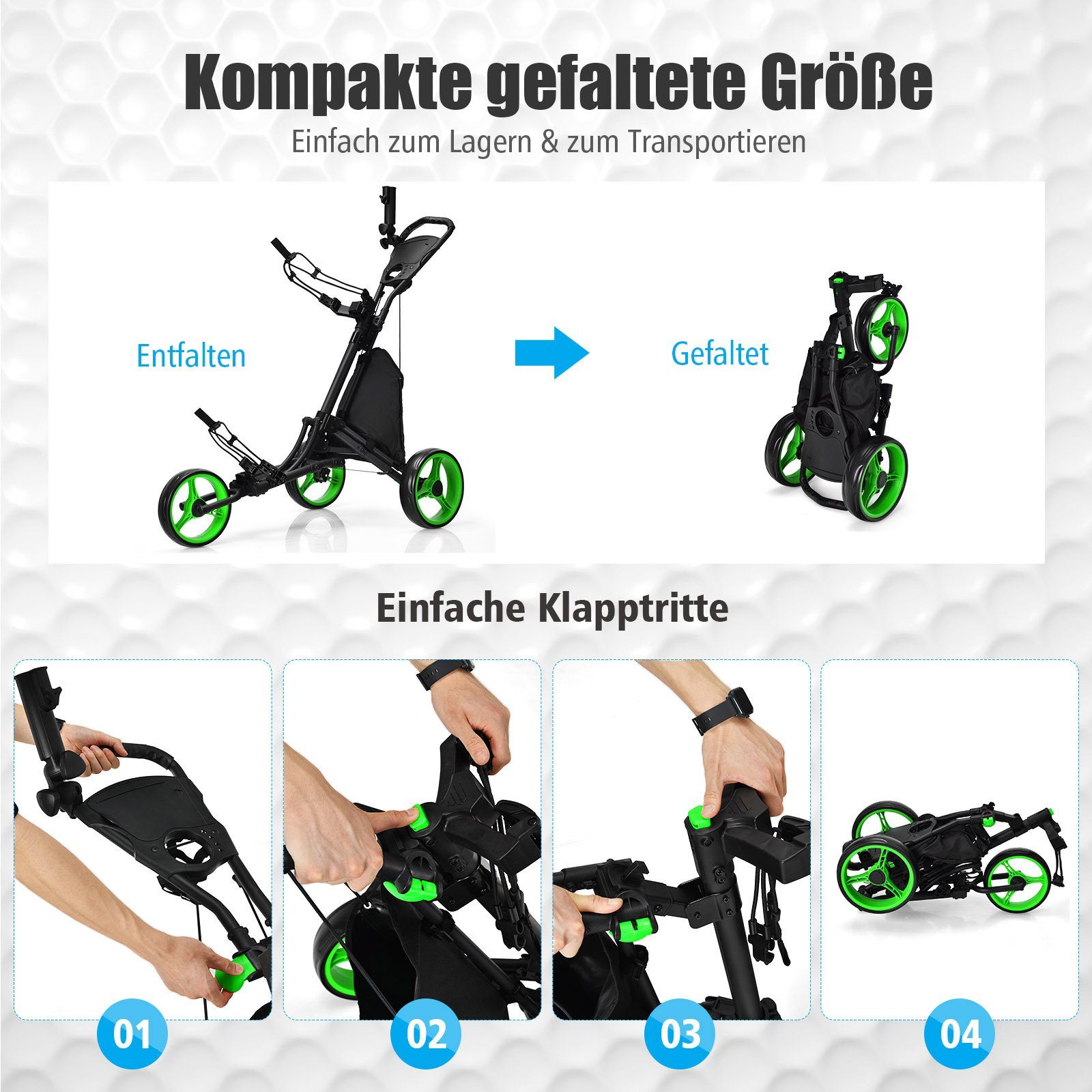 COSTWAY Golftrolley 3-Rad, mit verstellbarem Griff, Tasche