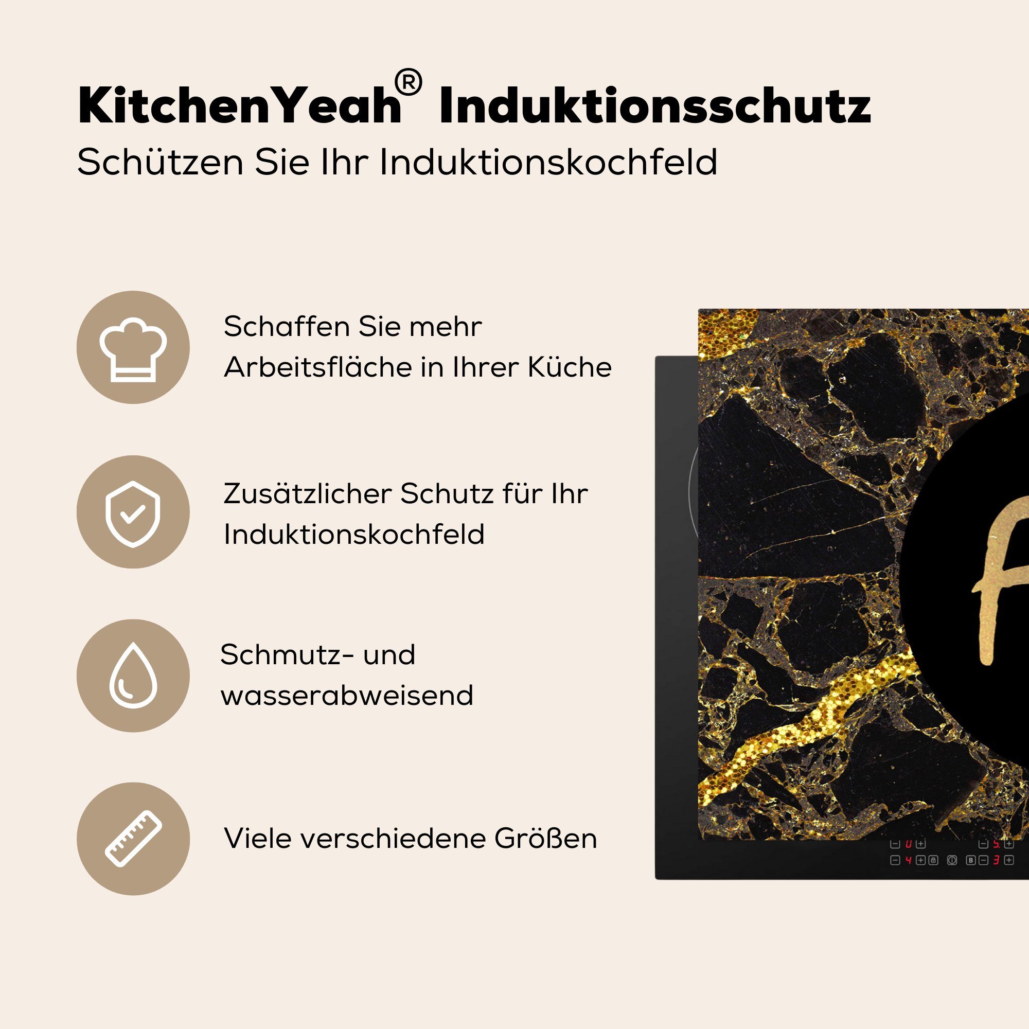 - - küche, MuchoWow 81x52 cm, - Ceranfeldabdeckung Gold für Kostenlos Vinyl, Zitate Induktionskochfeld (1 Marmor, tlg), die Herdblende-/Abdeckplatte Schutz