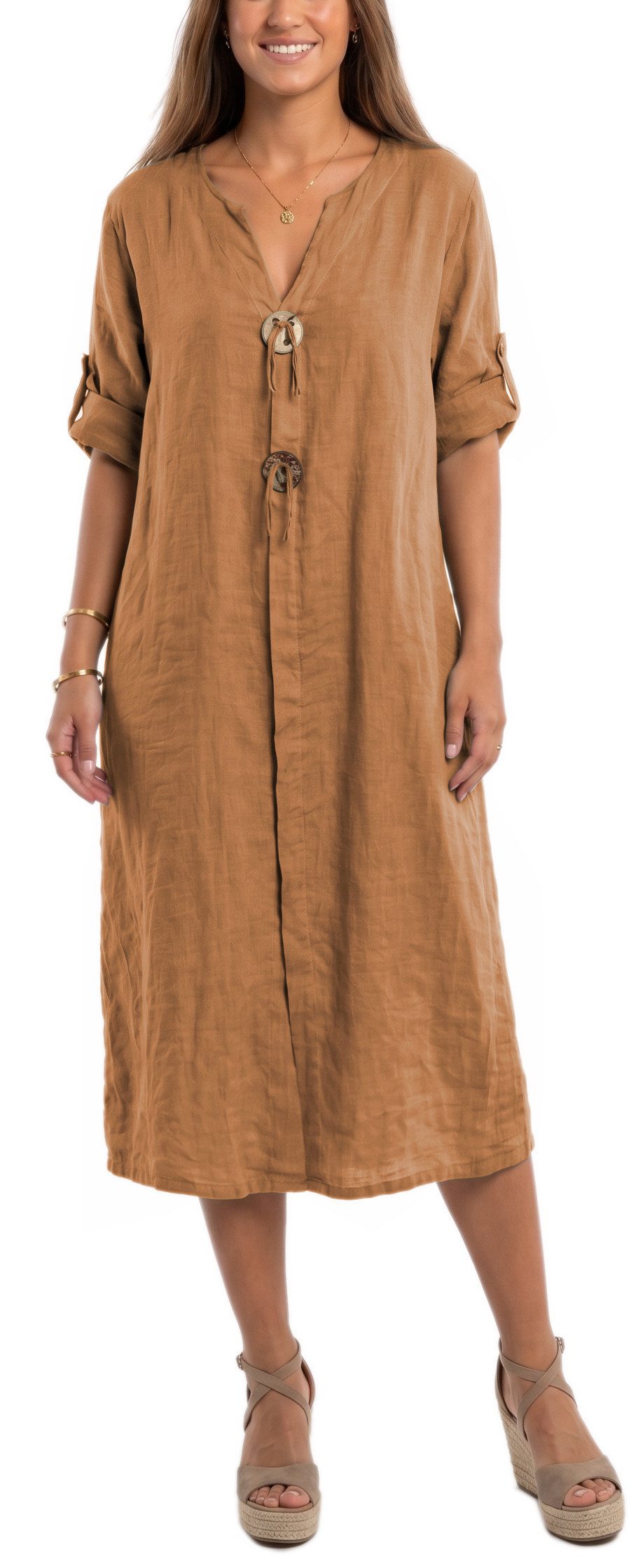 dy_mode Hemdblusenkleid Damen Leinenkleid Midi Hemdblusenkleid mit V-Ausschnitt Freizeitkleid in Unifarbe, V-Ausschnitt, mit seitlichen Eingriffstaschen