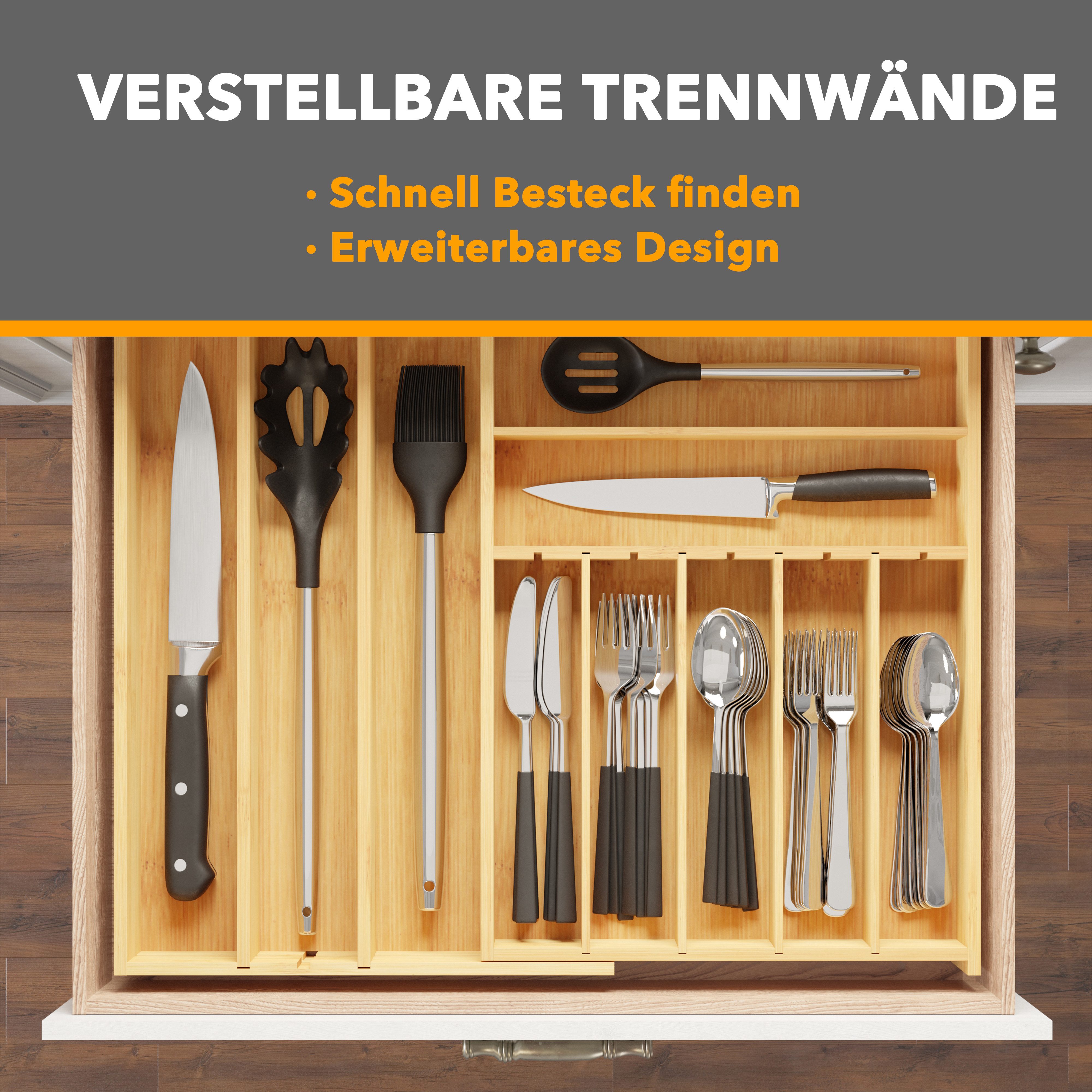 SpaceAid Besteckeinsatz Hoher Bambus-Besteckschubladen-Organizer (für Besteck, Löffel und Messer – Aufbewahrung in Schubladen) – Bild 3 von 5