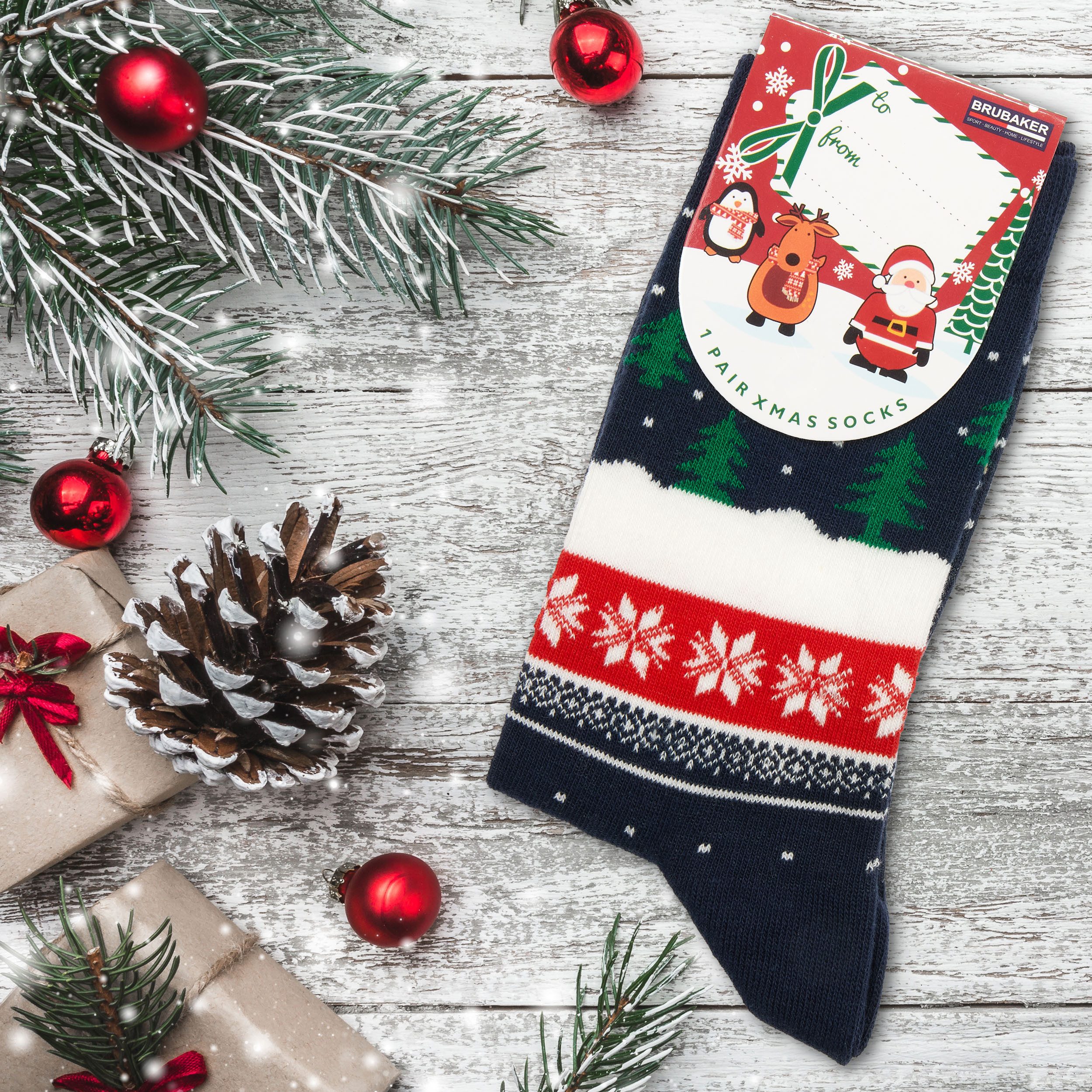 BRUBAKER Socken Weihnachtssocken für Damen und Herren - Weihnachtsbaum Muster Blau (Weihnachtsmotiv, 1-Paar, Lustige Freizeitsocken) Baumwolle Socken Weihnachten - Unisex Baumwollsocken