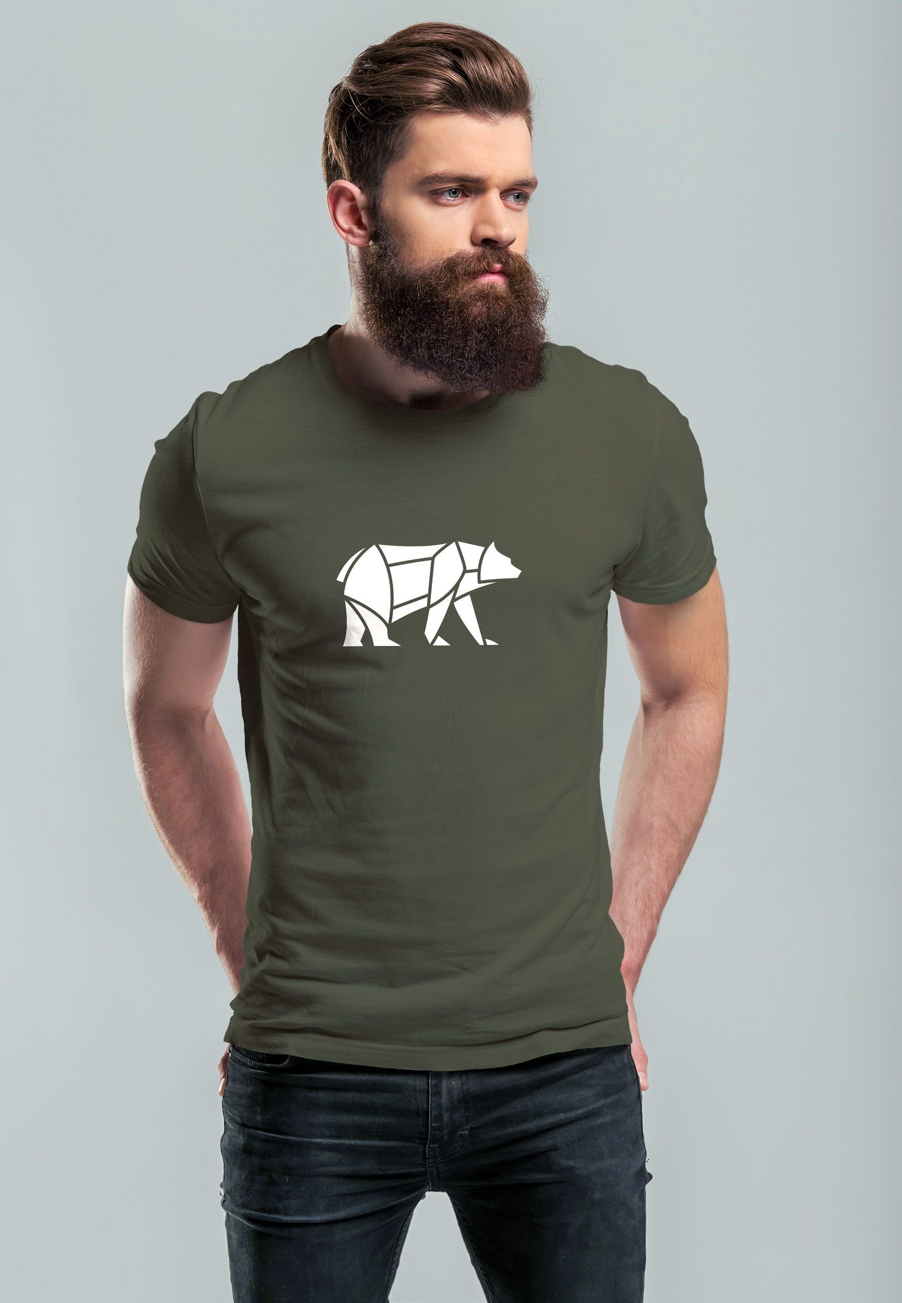 Polygon Neverless T-Shirt mit Tiermotiv Print Print Polygon Herren Outdoor Fashion Bear grün Design 1 Print-Shirt Bär