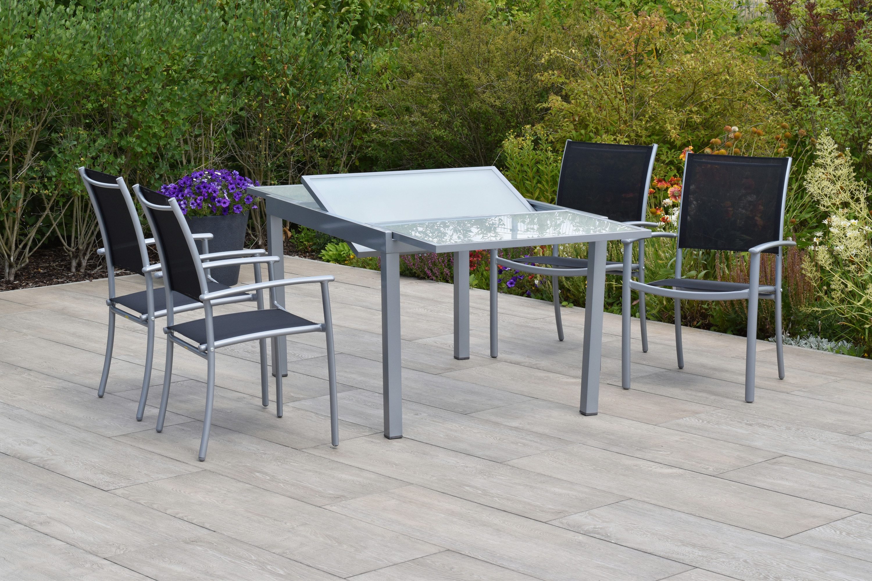MERXX Garten-Essgruppe »Milano«, (Set, 5-tlg., Pulverbeschichtetes Aluminiumgestell), Tisch ausziehbar: LxB: 120-180 x 90 cm
