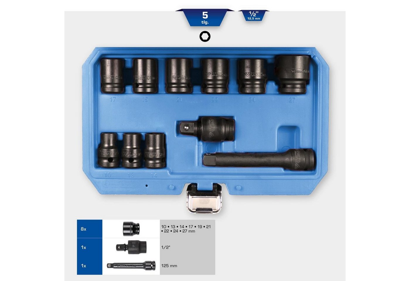 Thumbnail - Brilliant Tools Stecknuss 1/2" Kraft-Stecknuss-Satz, Sechskant, 11-tlg, kurz
