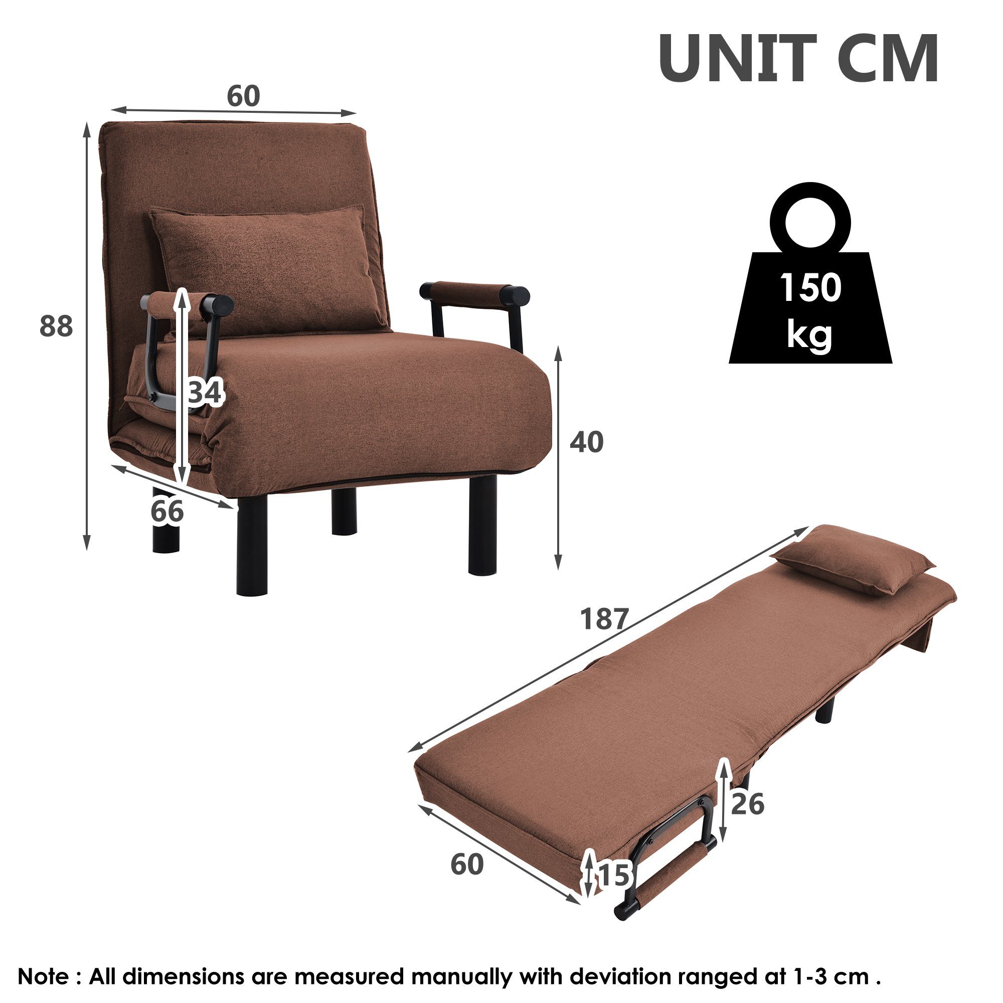 SOFTWEARY Schlafsofa Relaxsessel mit Schlaffunktion Bezug, und Leinen braun Liegefunktion, abnehmbarer