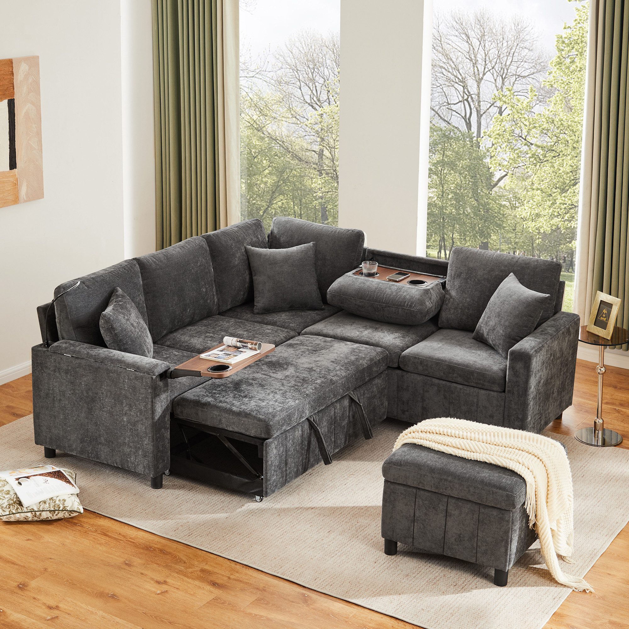 i@home Ecksofa mit Schlaffunktion, Ausziehsofa mit Hocker, Leselampe, USB&Type-C, mit verstecktem Tisch