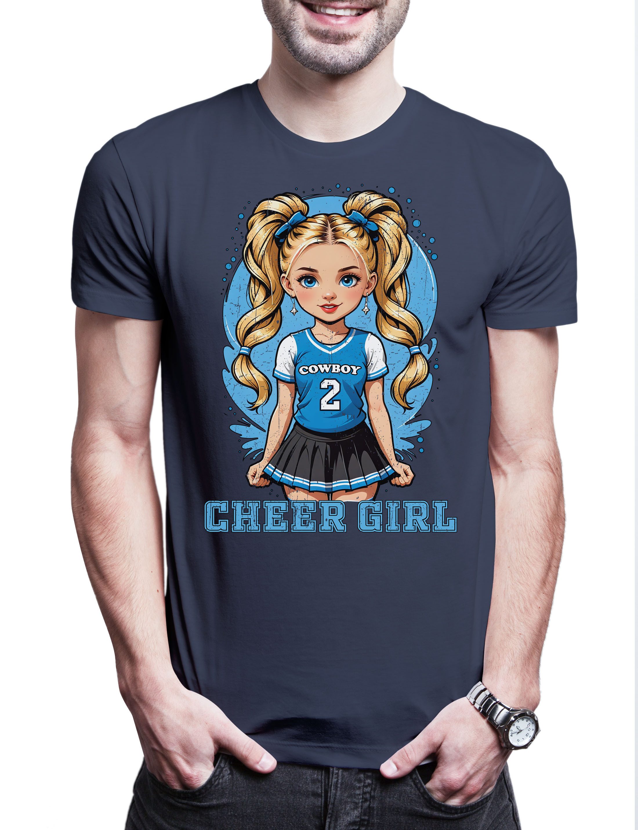 Urban Backwoods Print-Shirt Anime Comwboy Cheerleader Girl Herren T-Shirt American Football (1-tlg) Rockabilly Texas Blue Team