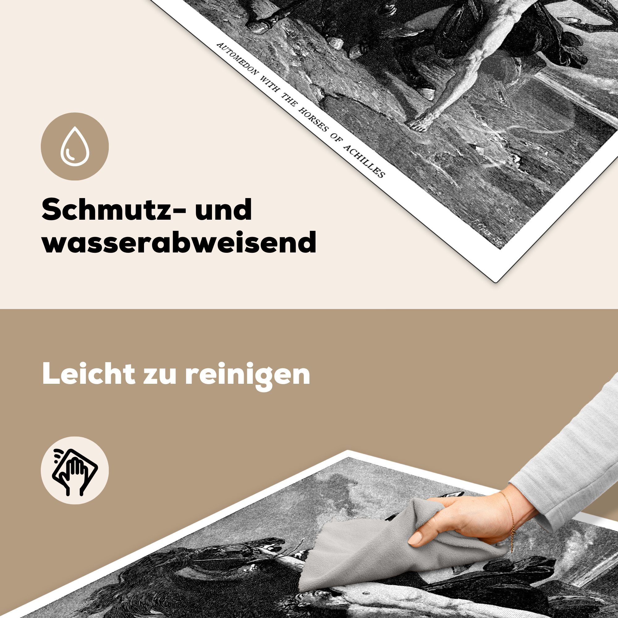 Arbeitsplatte antike Pferden, Ceranfeldabdeckung, seinen tlg), Eine 78x78 Achilles cm, von küche Herdblende-/Abdeckplatte MuchoWow Vinyl, (1 und für Illustration