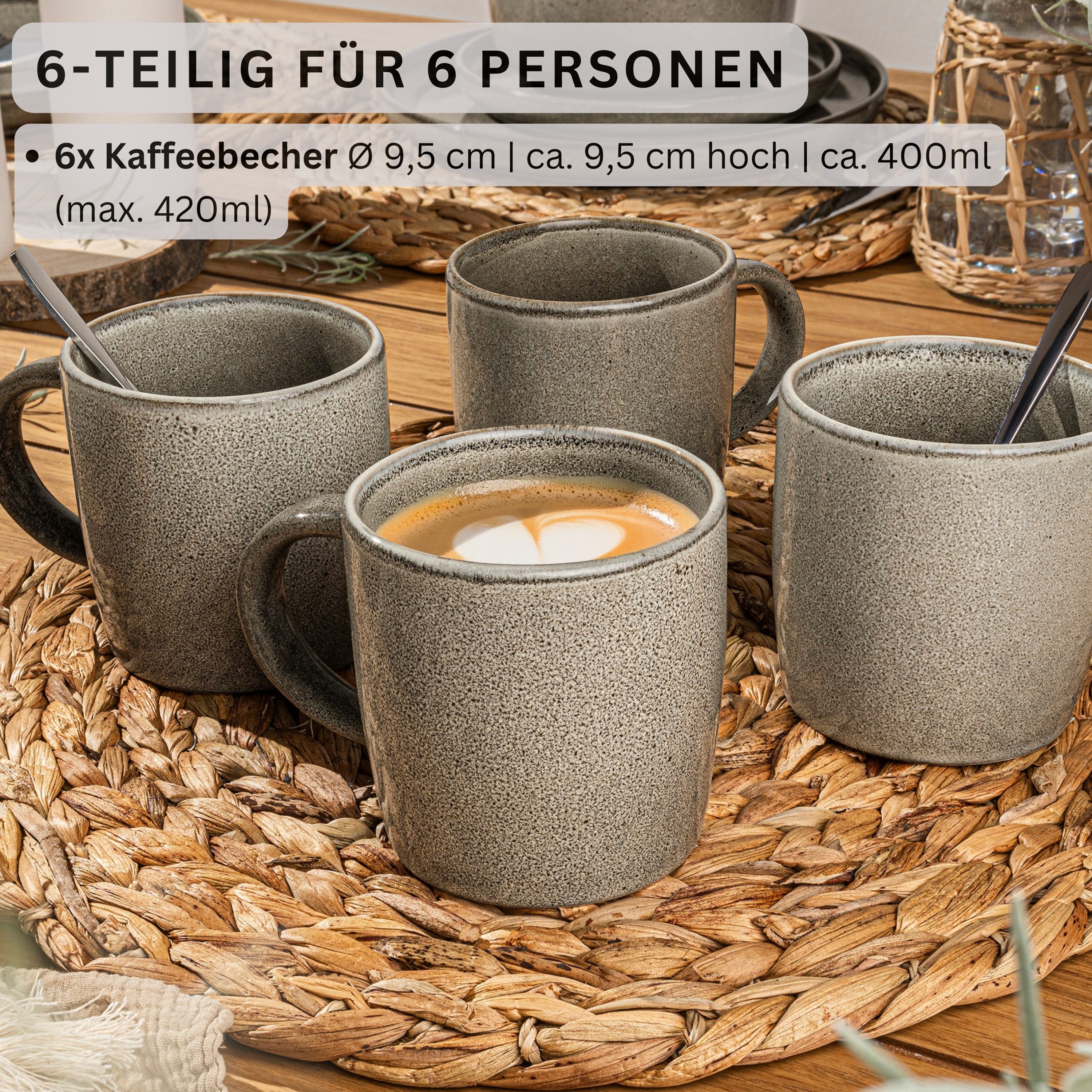SÄNGER Becher Set Kairo, 6-tlg., Steingut, 6 tlg. Kairo Clay Kaffeebecher, Grau, Handmade, VALUE COLLECTION
