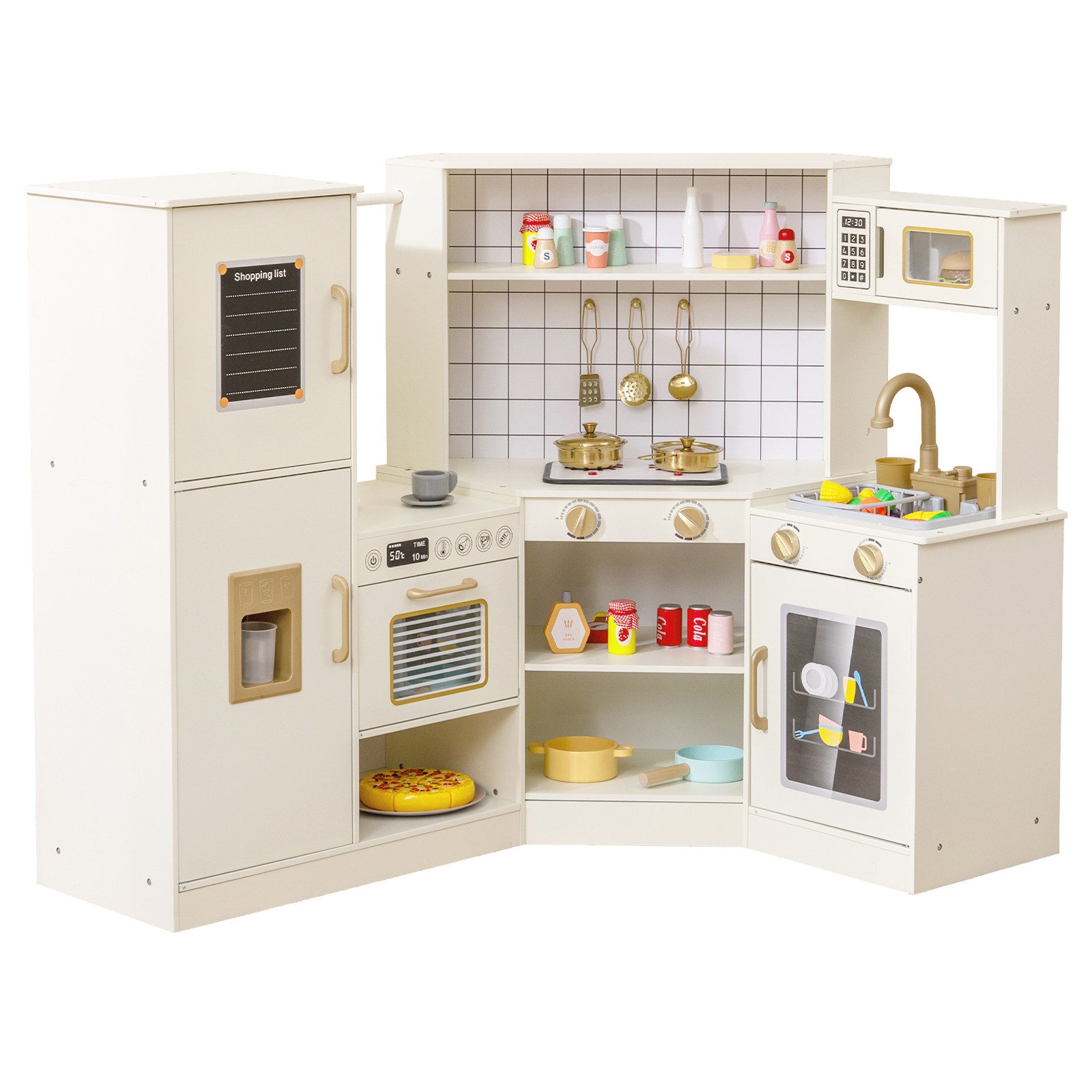 COSTWAY Spielküche MDF, Mit Eisspender, Mikrowelle, Geschirrspüler & Kochzubehör