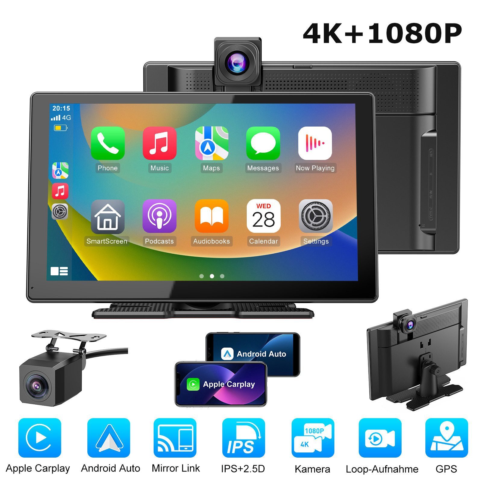 ESSGOO Wireless Carplay Android Auto real 4K Dashcam BT mit Rückfahrkamera Navigationsgerät