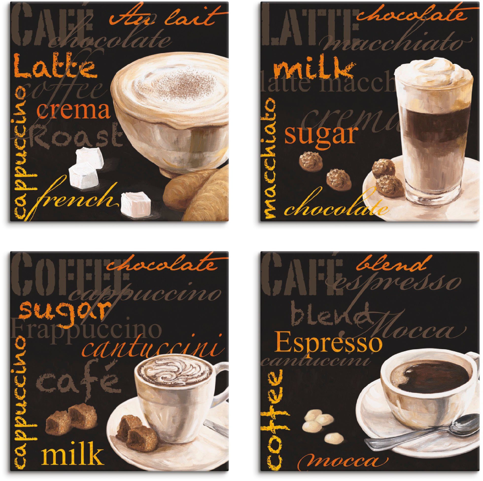 Coffee Artland St), (4 Set, verschiedene Leinwandbild Größen 4er Macchiato Cappuccino Getränke Espresso,