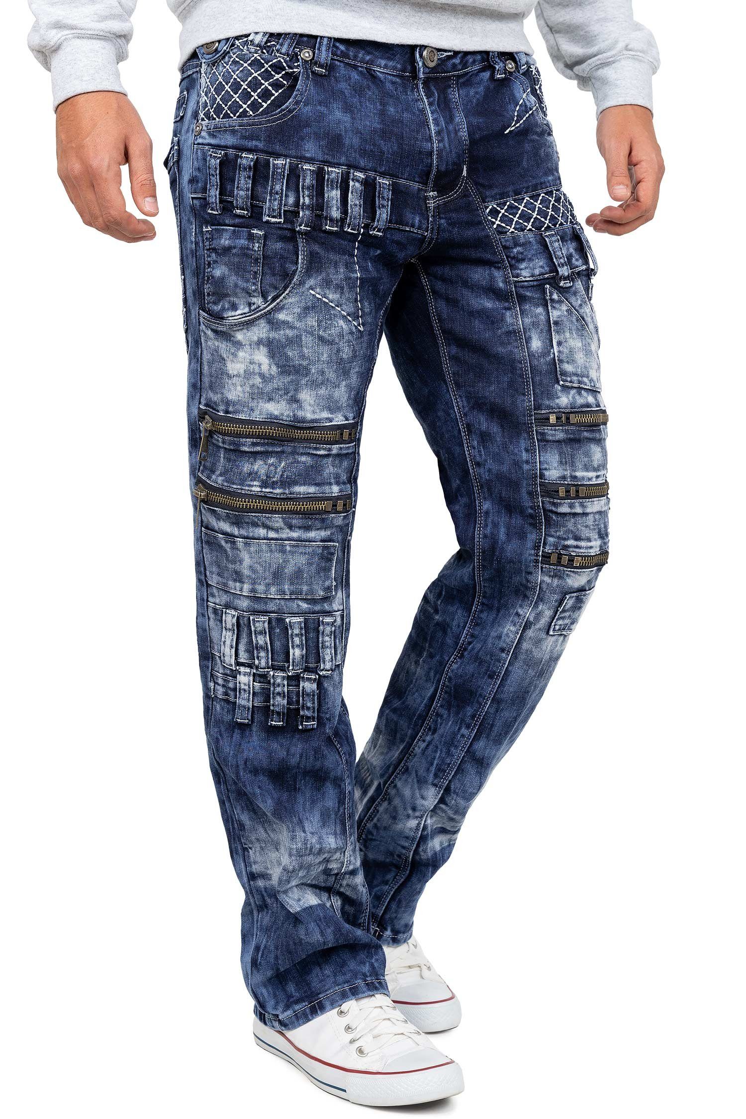 Kosmo Lupo 5-Pocket-Jeans Herren Regular Fit Hose Stonewashed KM8006 (1-tlg) Auffälliges Design mit kontrastierenden weißen Nähten – Bild 4 von 5