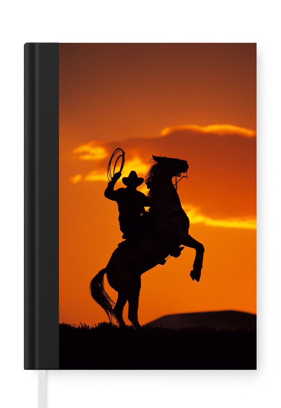 MuchoWow Notizbuch Silhouette eines Cowboys auf dem Pferderücken, der tänzelt, Journal, Merkzettel, Tagebuch, Notizheft, A5, 98 Seiten, Haushaltsbuch