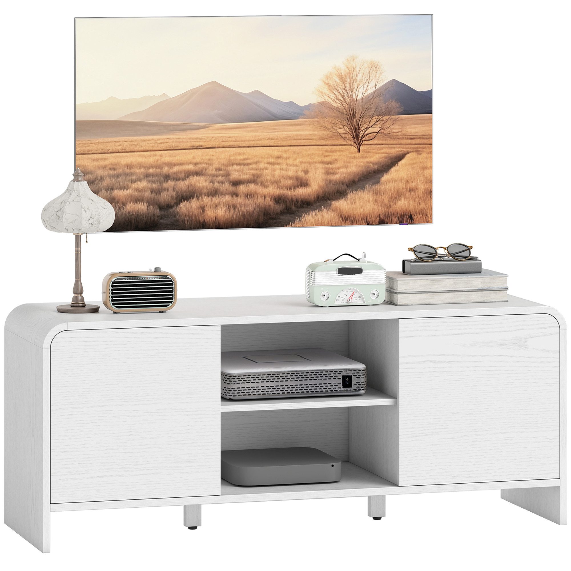 Nettlife TV-Schrank Weiß für Fernseher bis zu 55 Zoll 2 Türen 2 Fächer verstellbares Regal 110x35x45 cm für Wohnzimmer