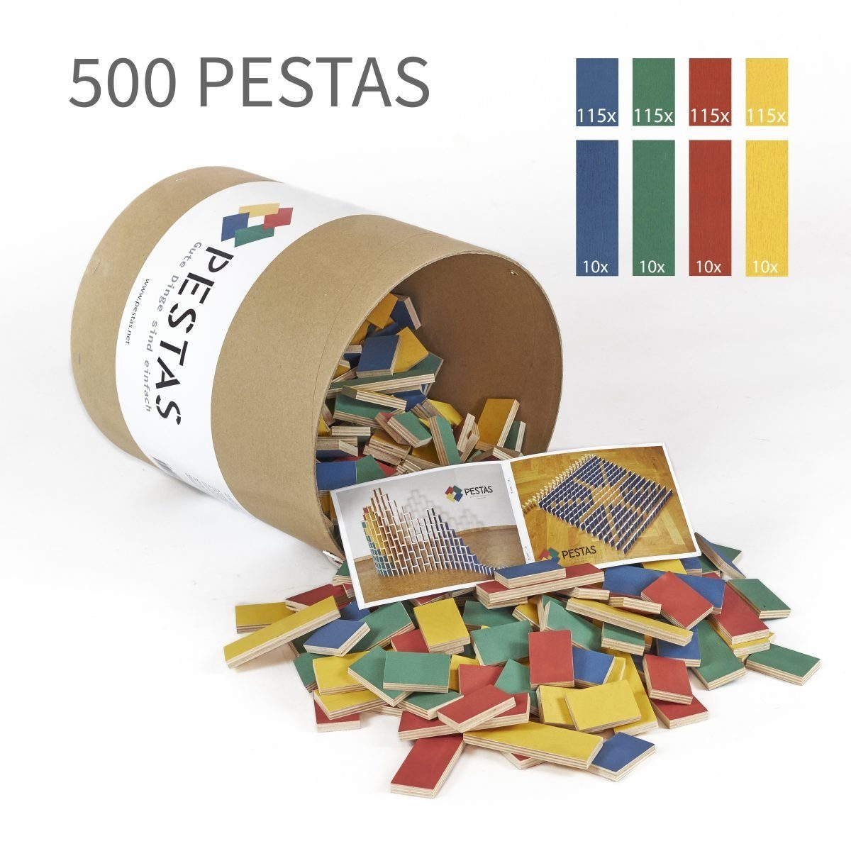 Pestas Spielesammlung, 500 bunte Dominosteine aus Birkensperrholz in einer Box