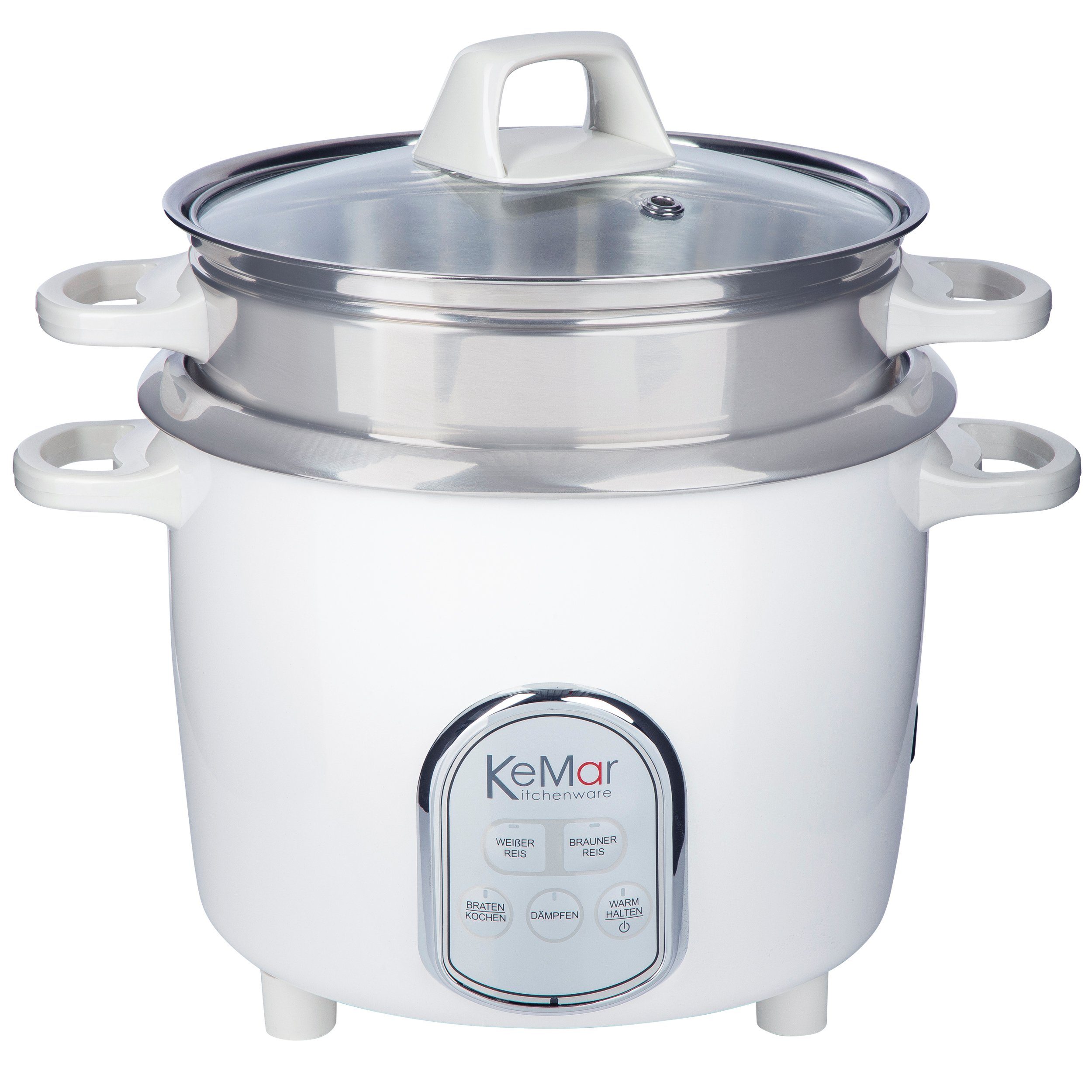 KeMar Kitchenware Reiskocher KRC-175, 500 W, Edelstahltopf, Glasdeckel, inkl. Edelstahl Dämpfeinsatz, 5 Programme