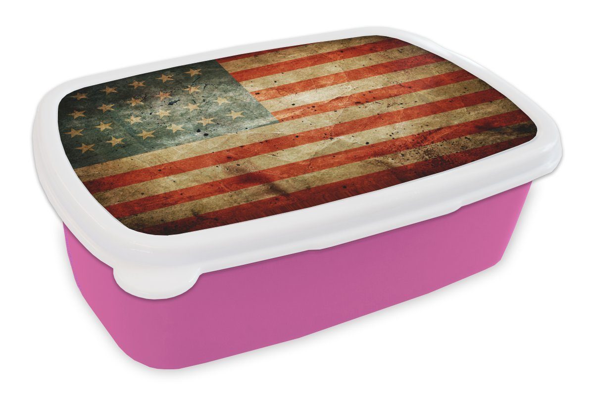 MuchoWow Lunchbox Flagge - Vintage - USA, Kunststoff, (2-tlg), Brotbox für Erwachsene, Brotdose Kinder, Snackbox, Mädchen, Kunststoff rosa