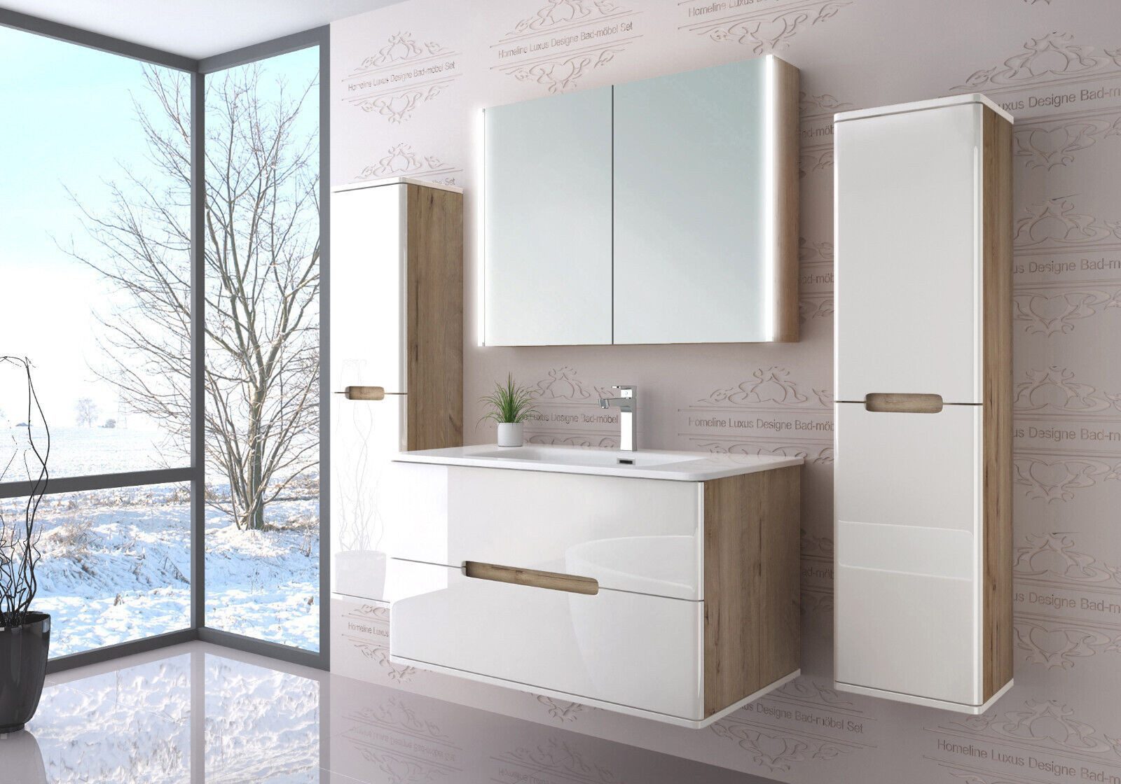 Homeline Badmöbel-Set Bad Möbelset Badezimmer Möbel Hochglanz 90 cm Eiche / Weiß Schwarz, (Spar-Set, 5-St., Fünfteiliges Set), Spiegelschrank mit Keramikbecken, Hochglanz